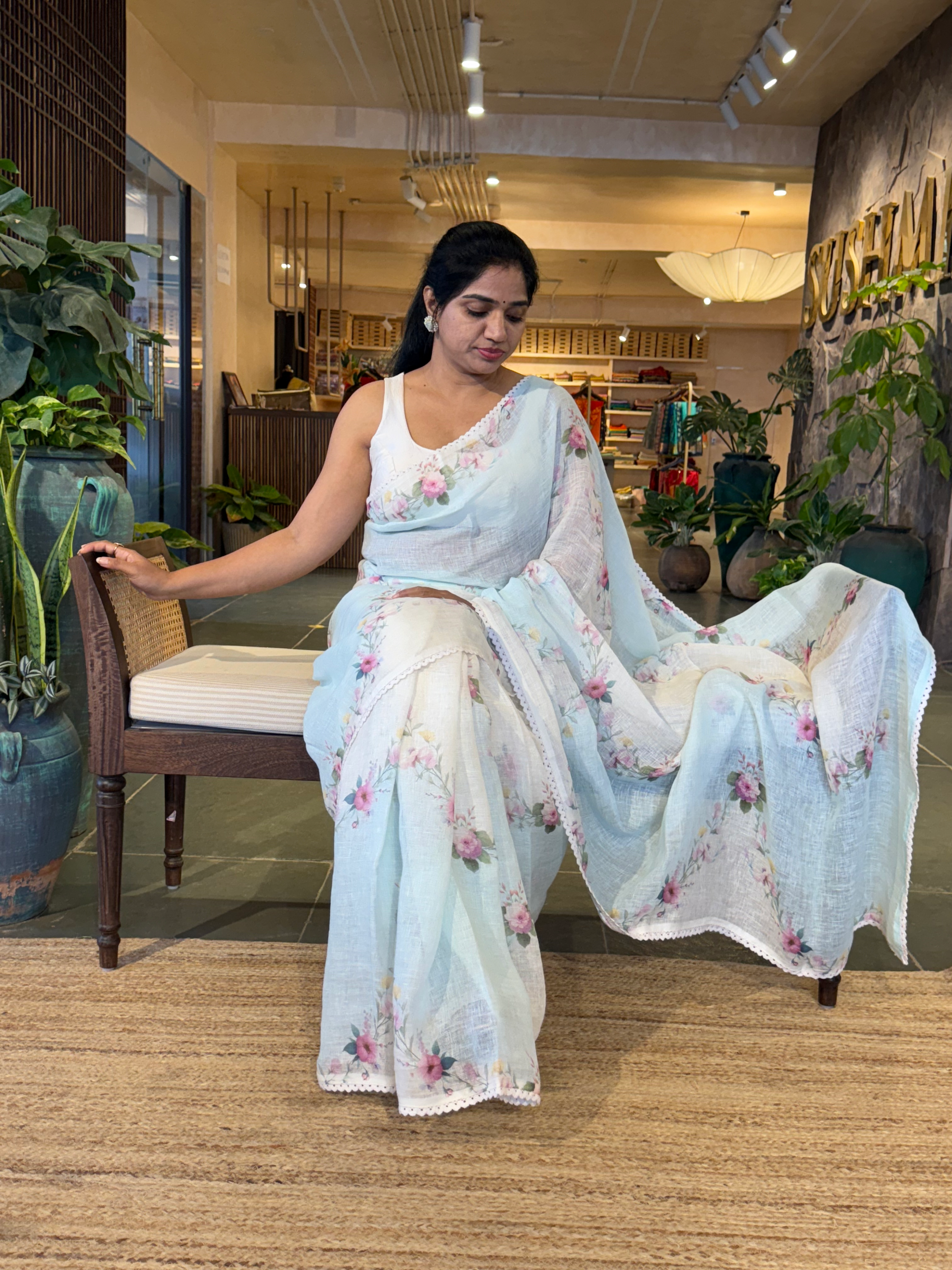 Skyblue Pure Handloom Linen Printed Saree in Lehariya Style