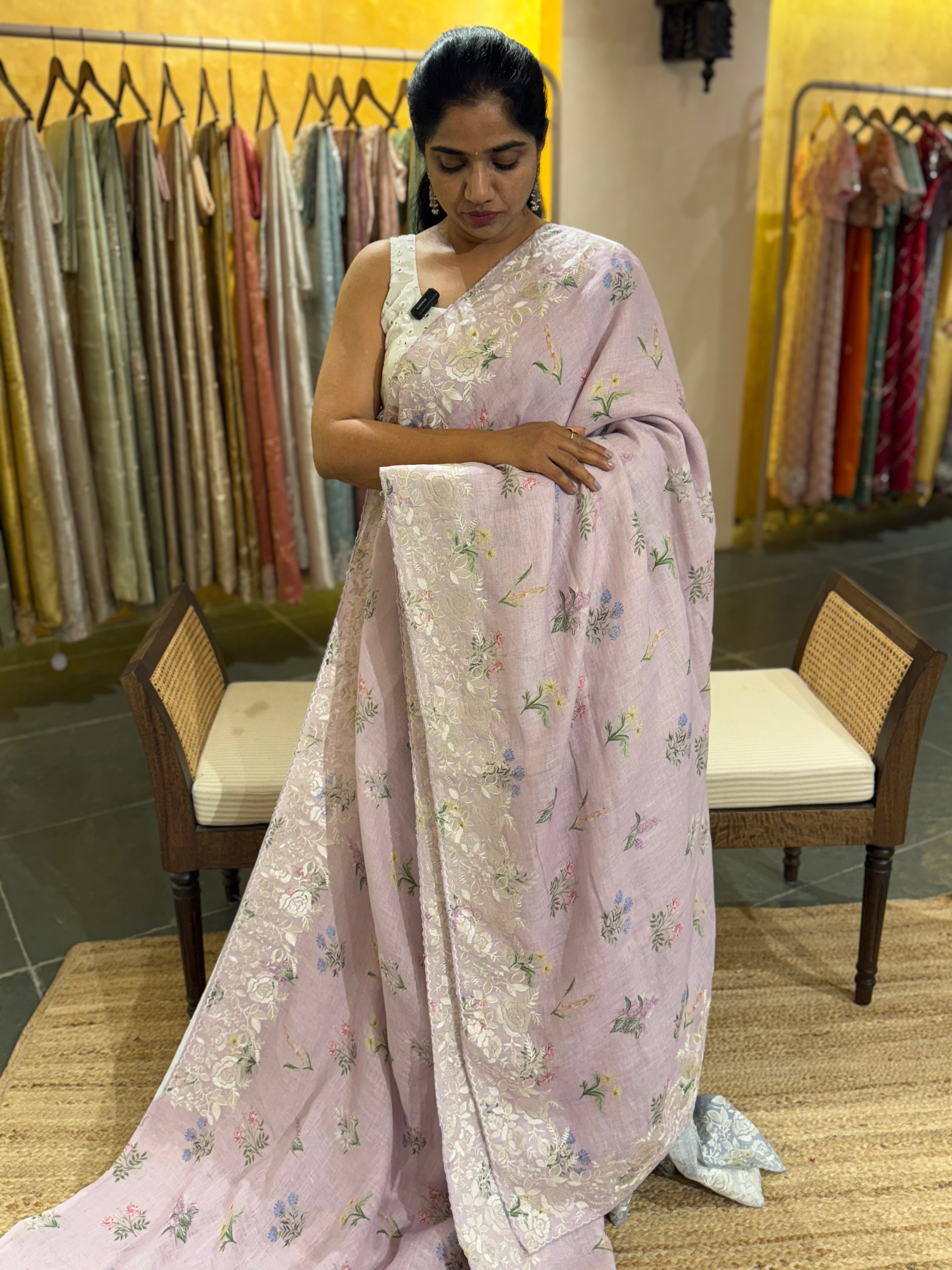Lilac Pure Handloom Lenin Print Saree With  Parsi Gara Style Embroidery