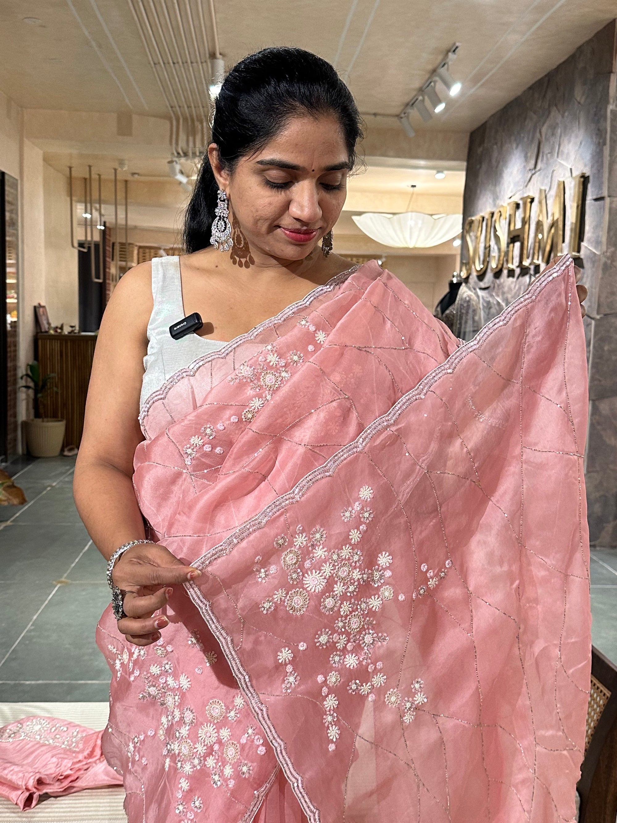 Blush Pink Organza heavy handwork saree