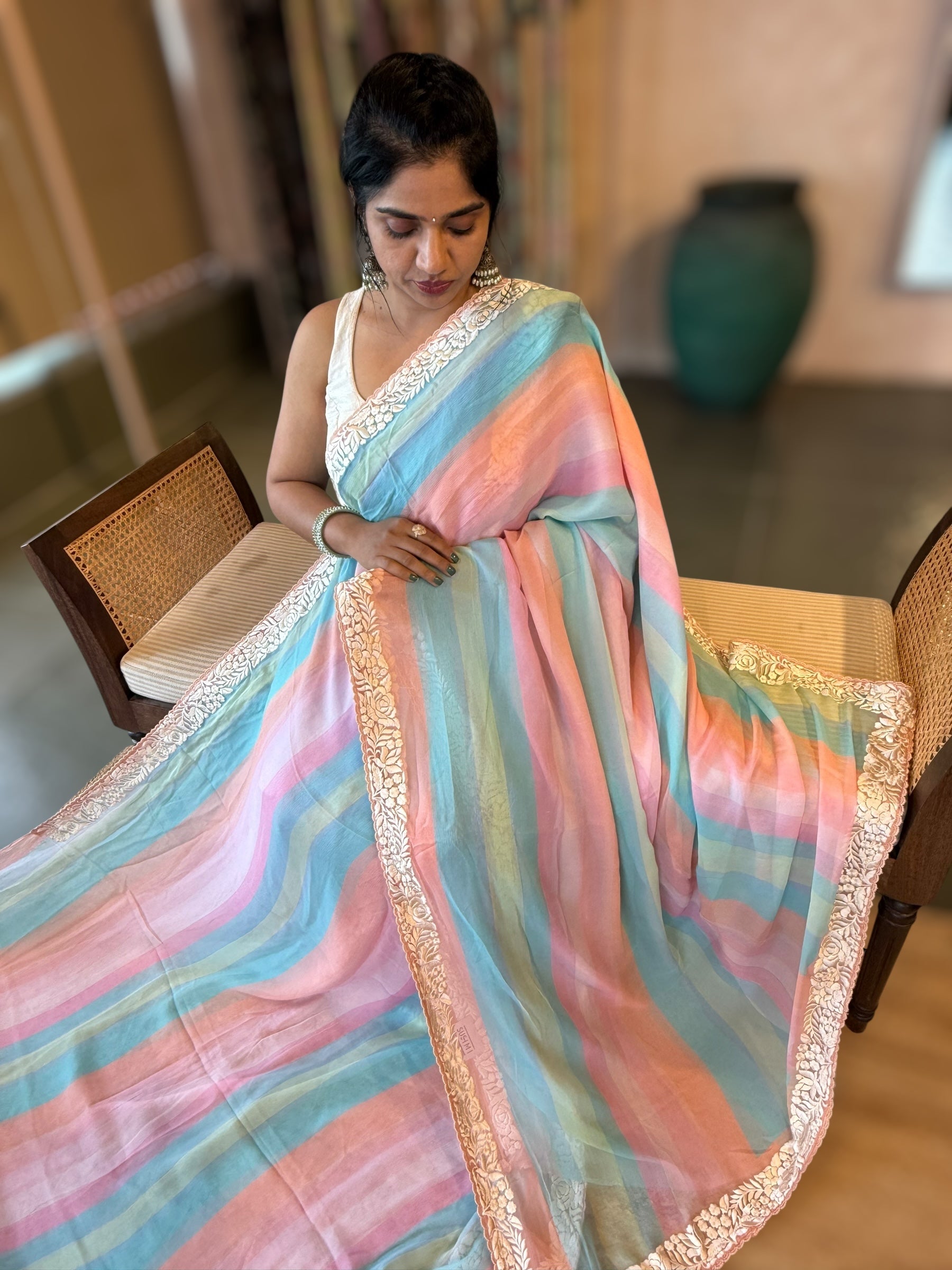 Pure Chiffon Saree with Ombre Brush dyeing & Parsi Gara Embroidered Border
