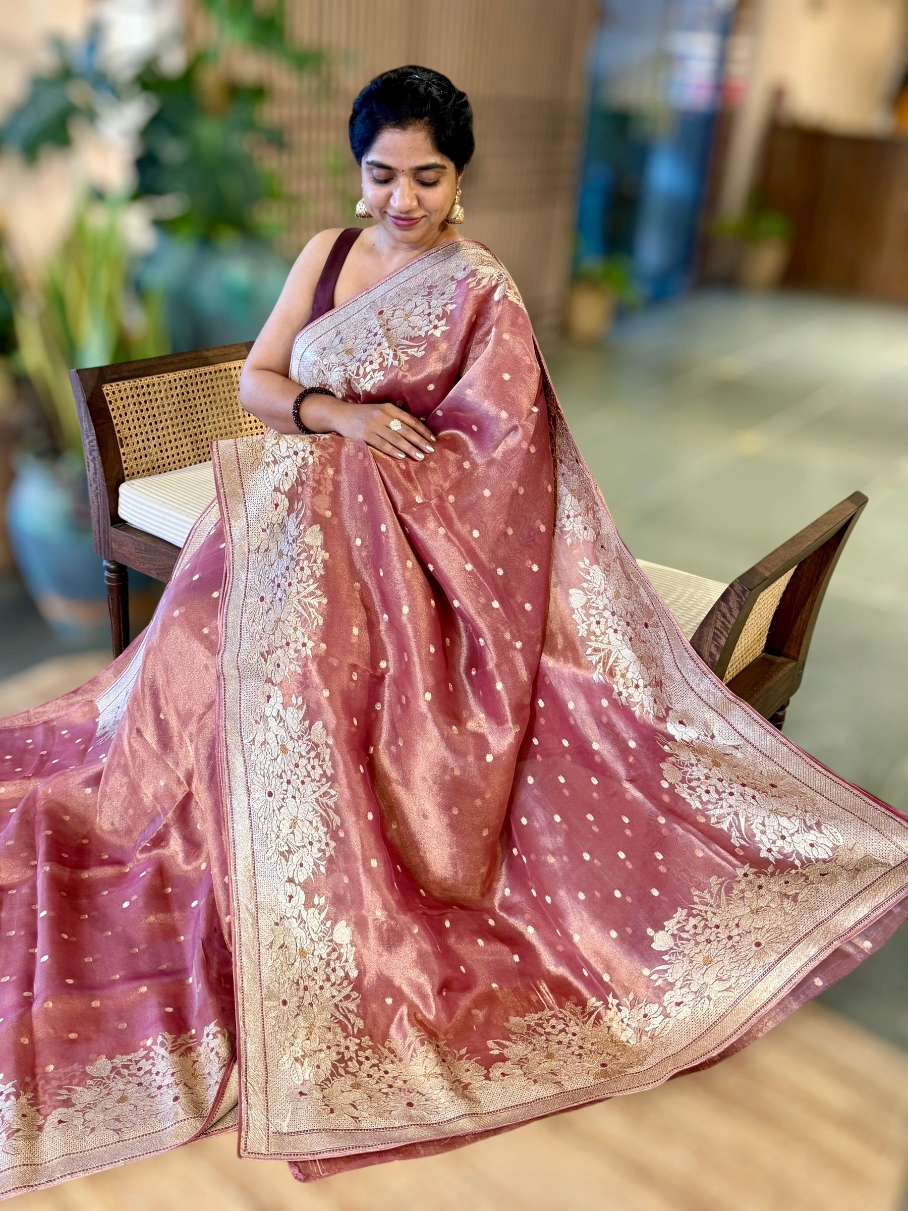 OnionPink Banarasi Tissue Saree With Tissue Embriodered Border & Stripes BP