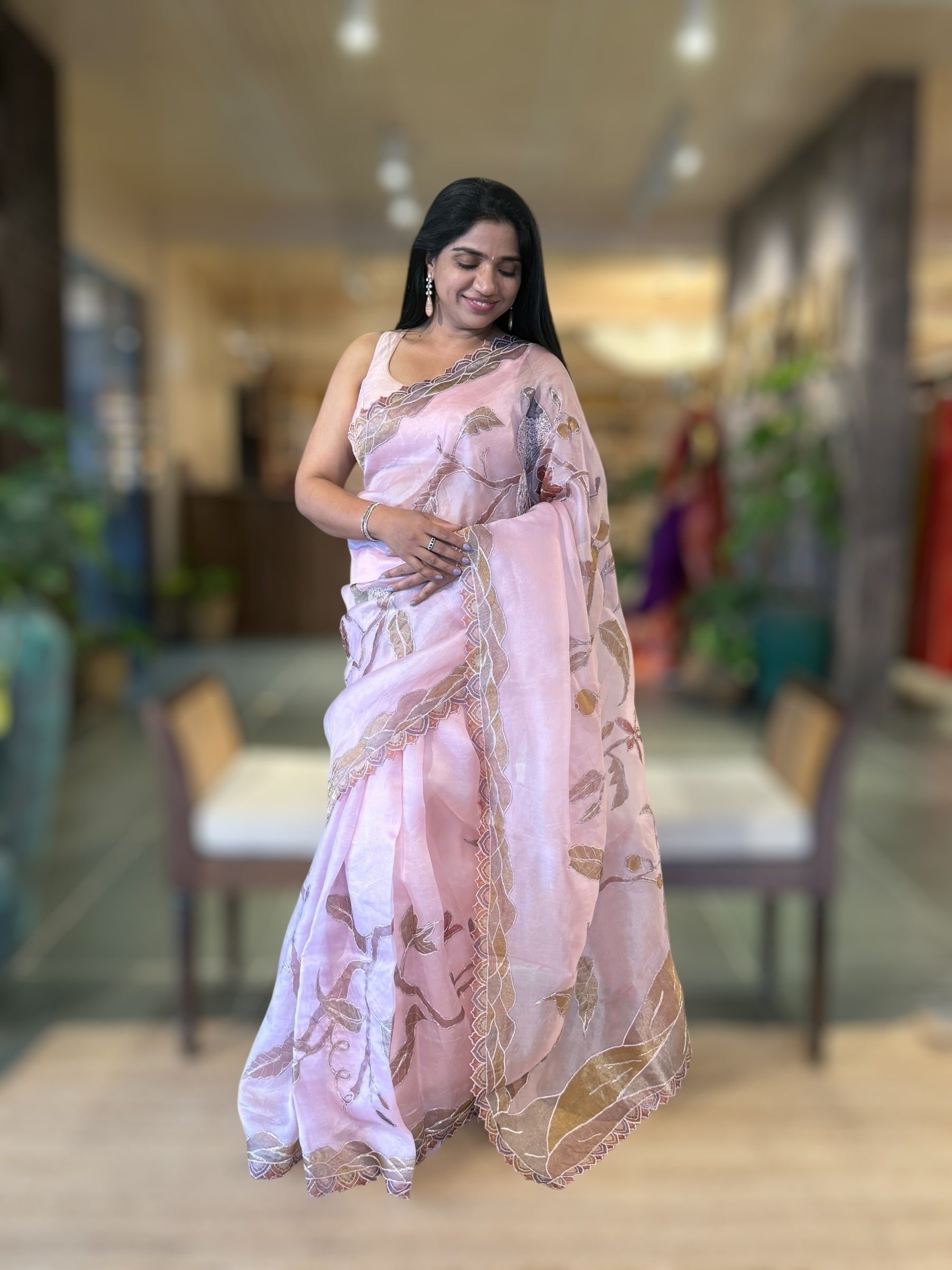 Rose Pink Pure Organza Saree with one of a kind Tissue Applique work allover