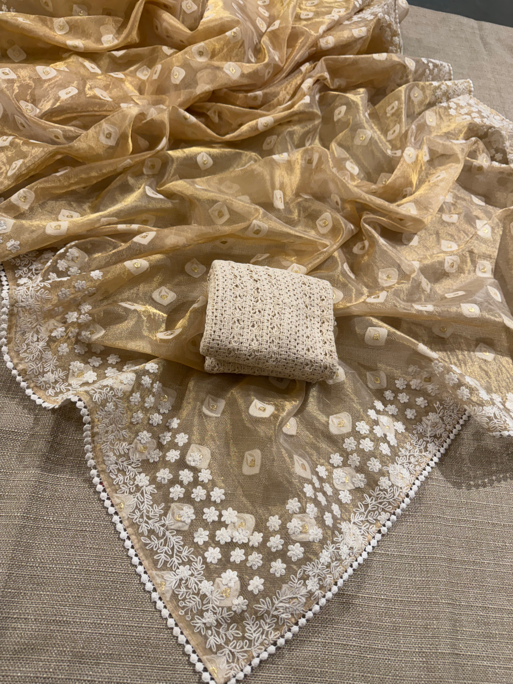 GTEA2003 : Pure Handloom Gold Tissue Saree With handwork borders