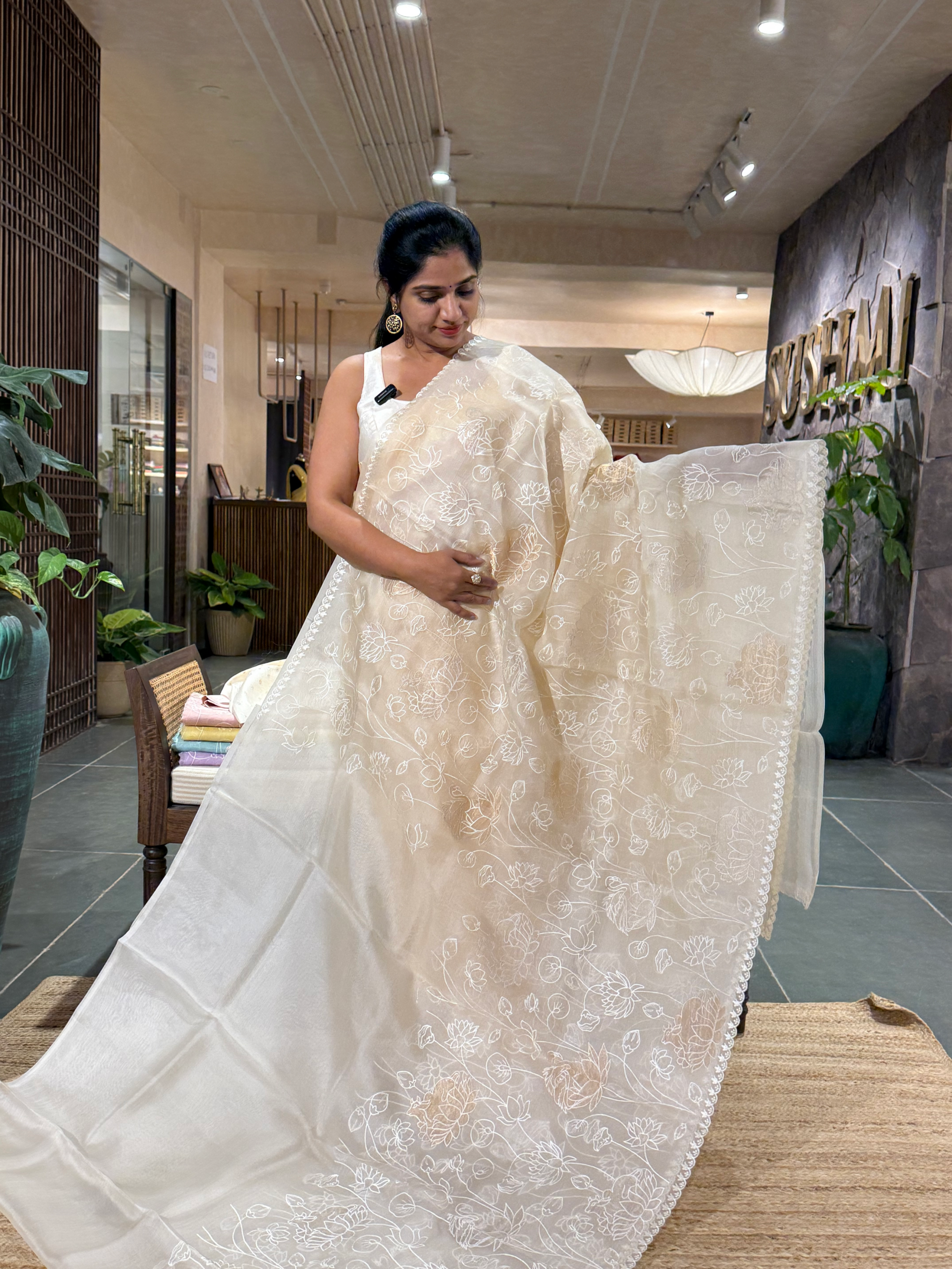 SOAA1605 : Ivory Organza Saree with Allover Pichwai Applique Embroidery