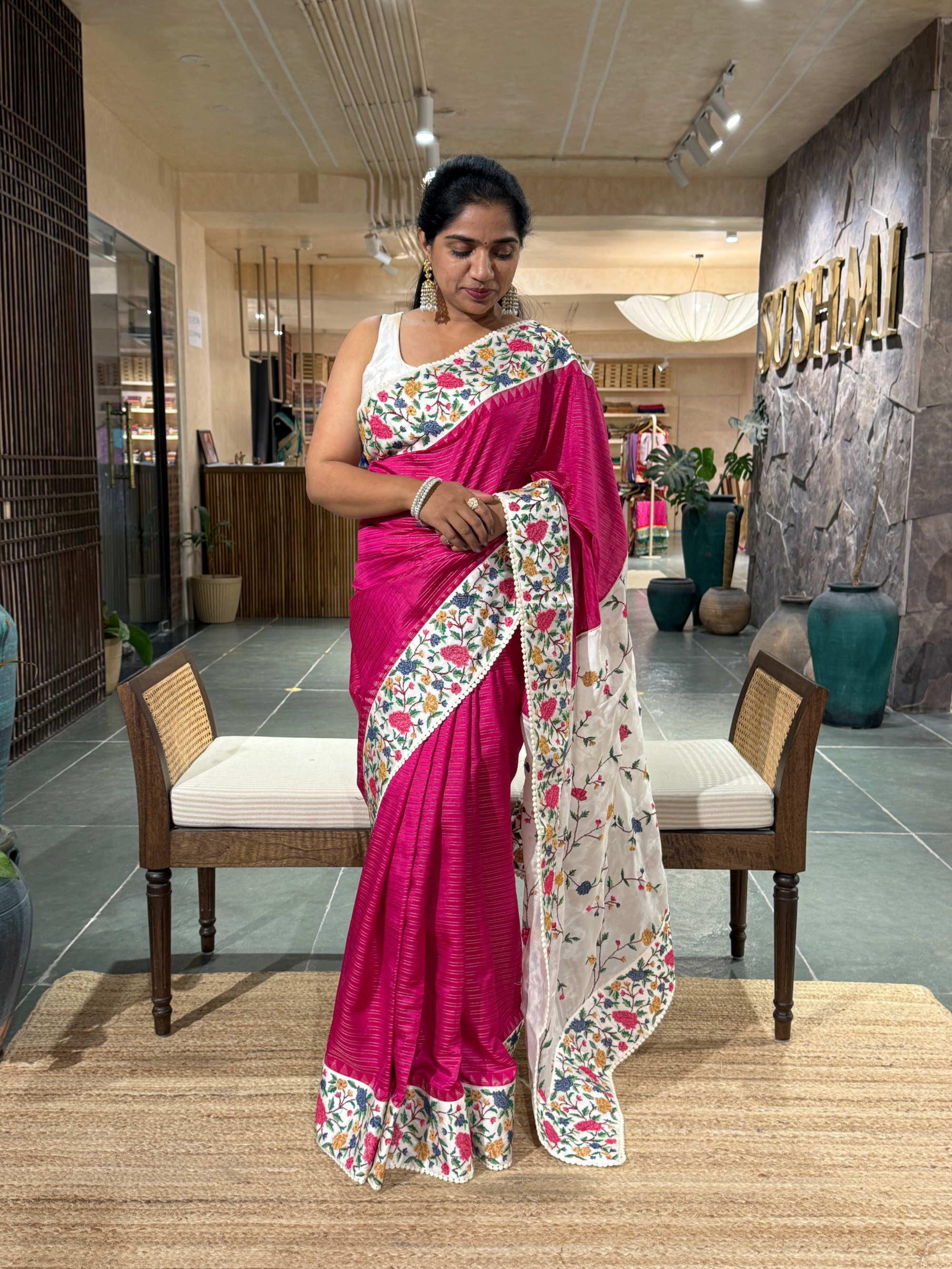 Dark Pink Soft Silk Saree with Petite Point Embroidery