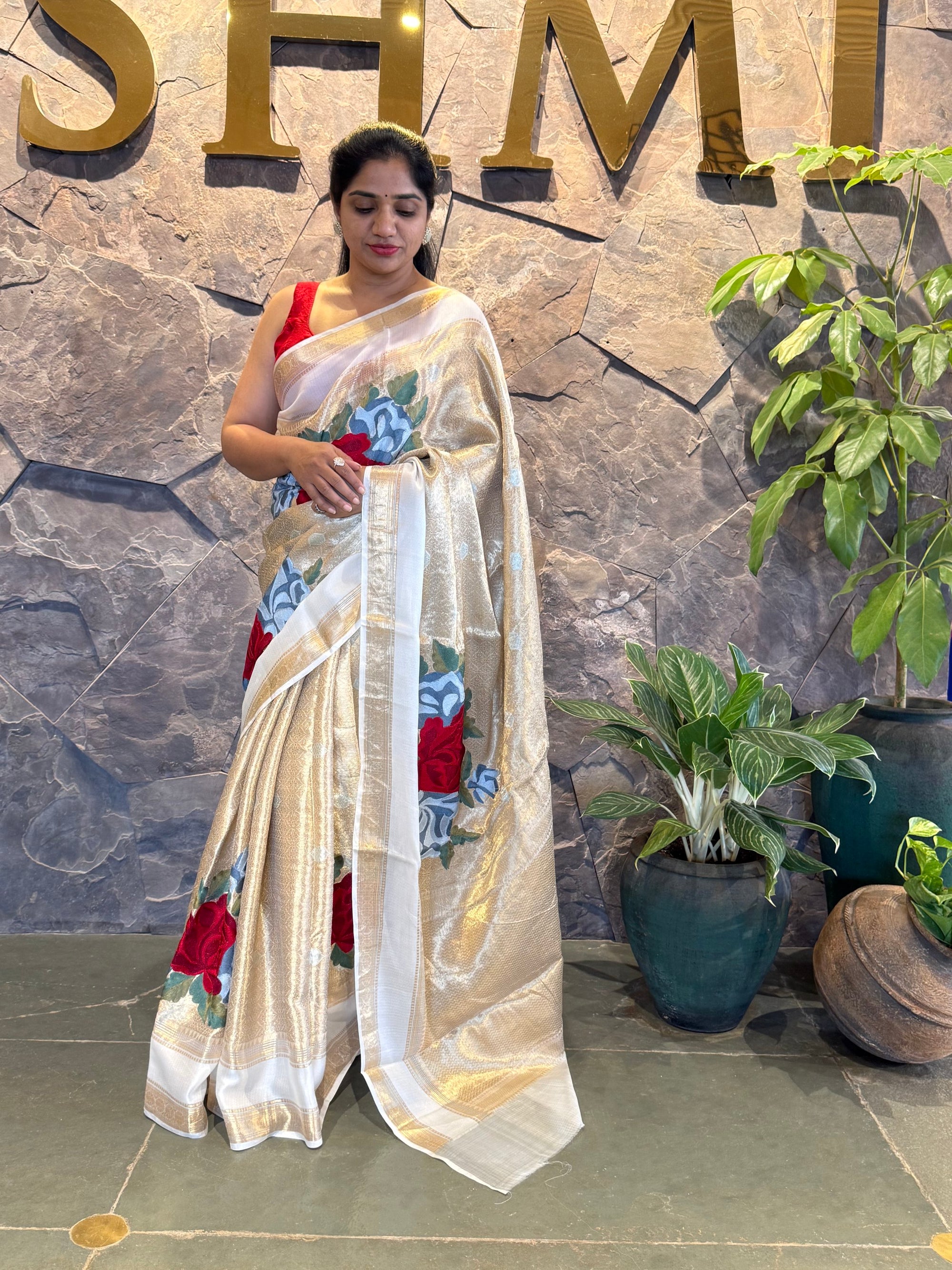 Gold Kota Brocade Tissue Saree with Gap Border & Big Statement Floral Embroidery