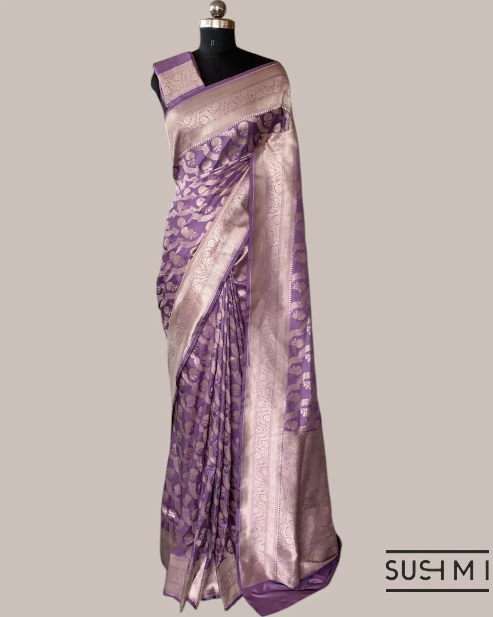 Lilac Banarasi Katan Silk Saree with diagonal pattern scallop floral creeper wit