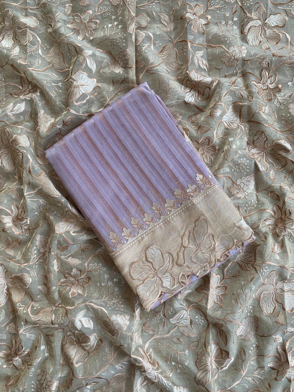 Lilac Mul Tissue Stripes Saree With Tissue Cutwork  Border & Blouse