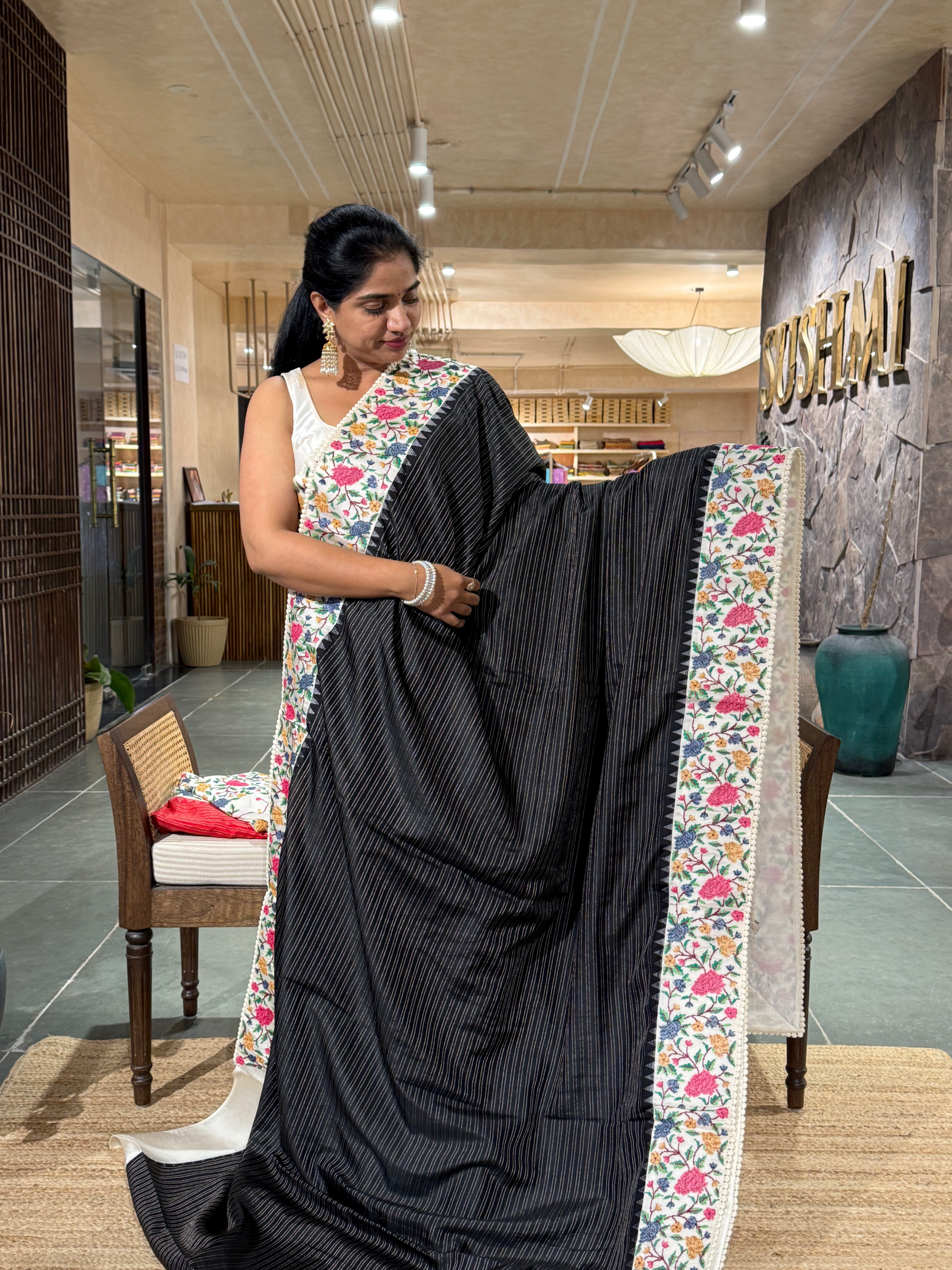 Black Soft Silk Saree with Petite Point Embroidery