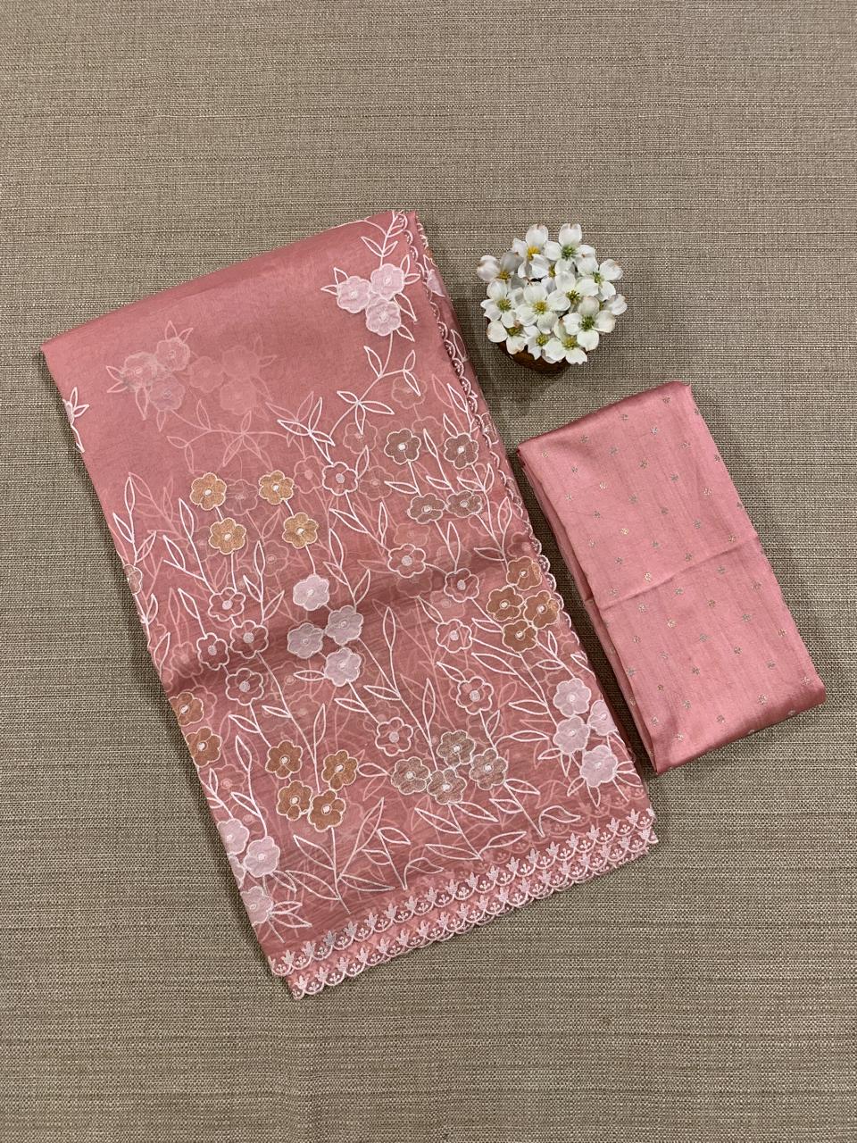 Peach Pink Organza Applique work Saree