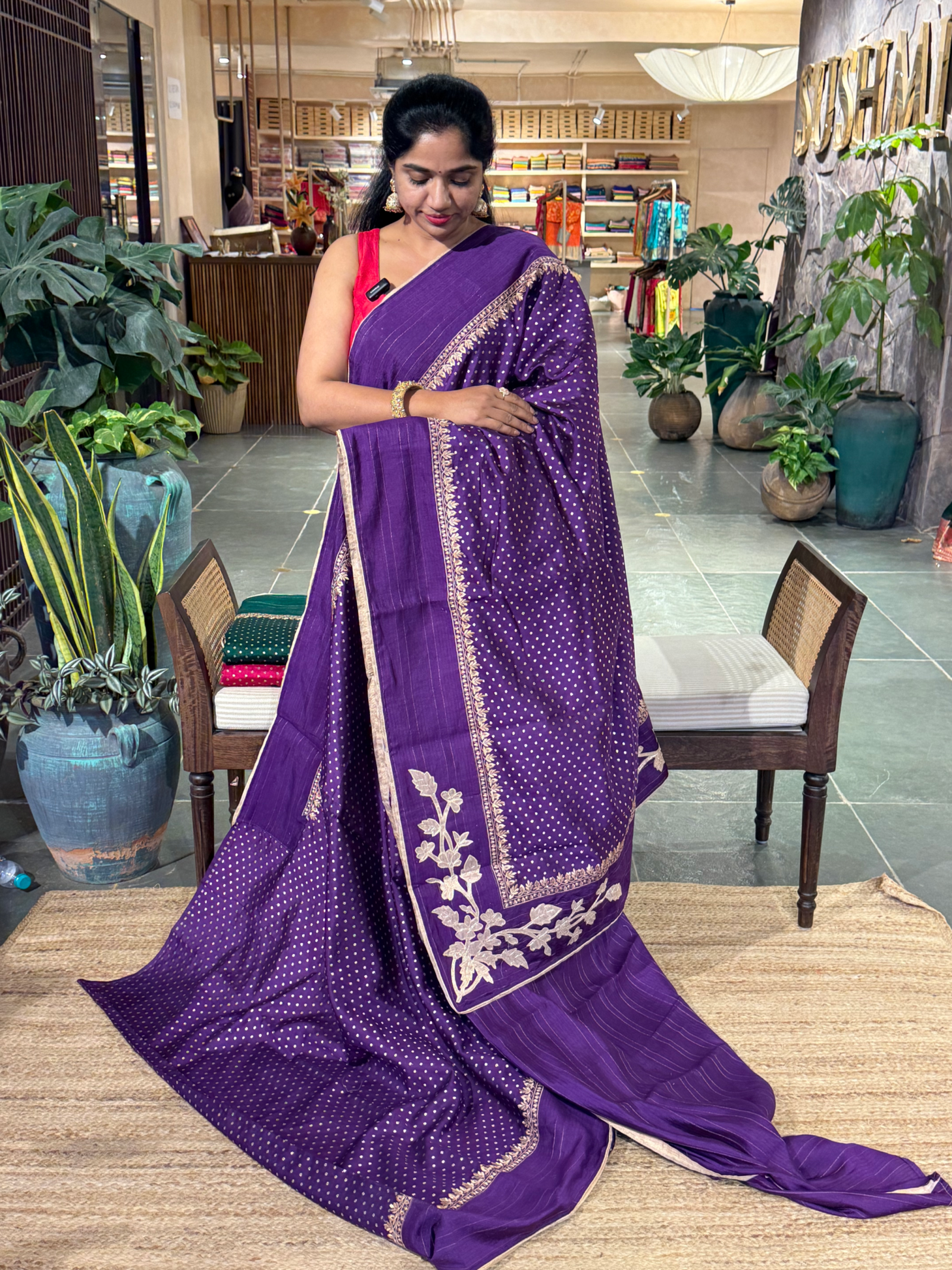 Brinjal Chiniya Silk Saree with Embroidery Border & Applique Creeper Pallu