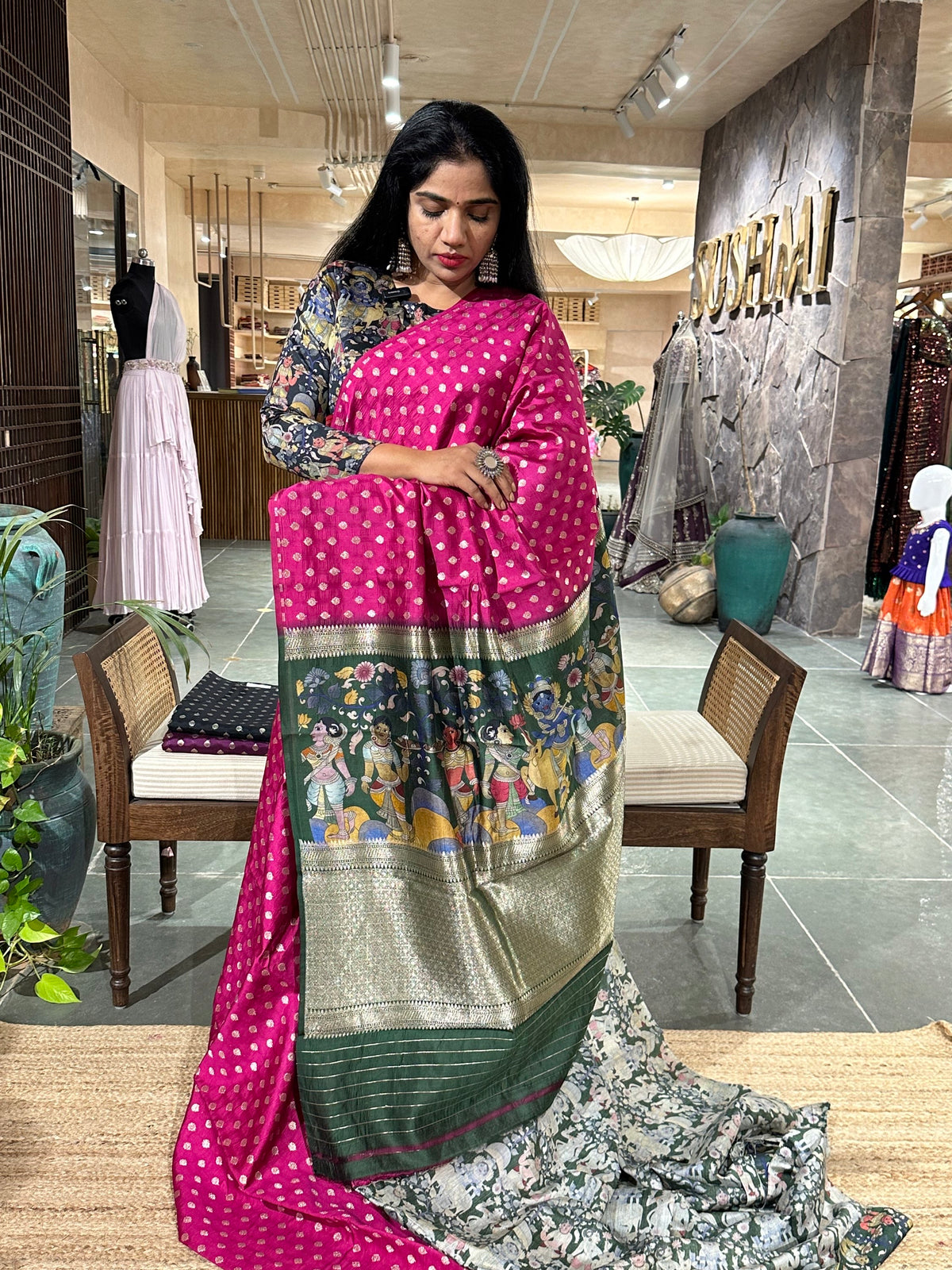 Banarasi chinia silk with krishna theme pallu-