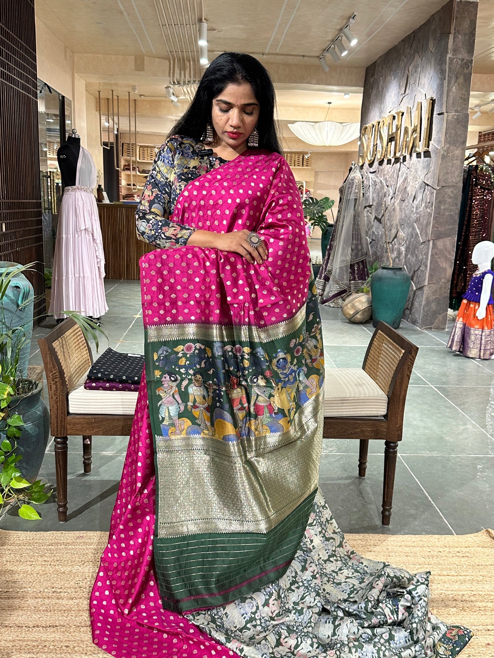 Banarasi chinia silk with krishna theme pallu-