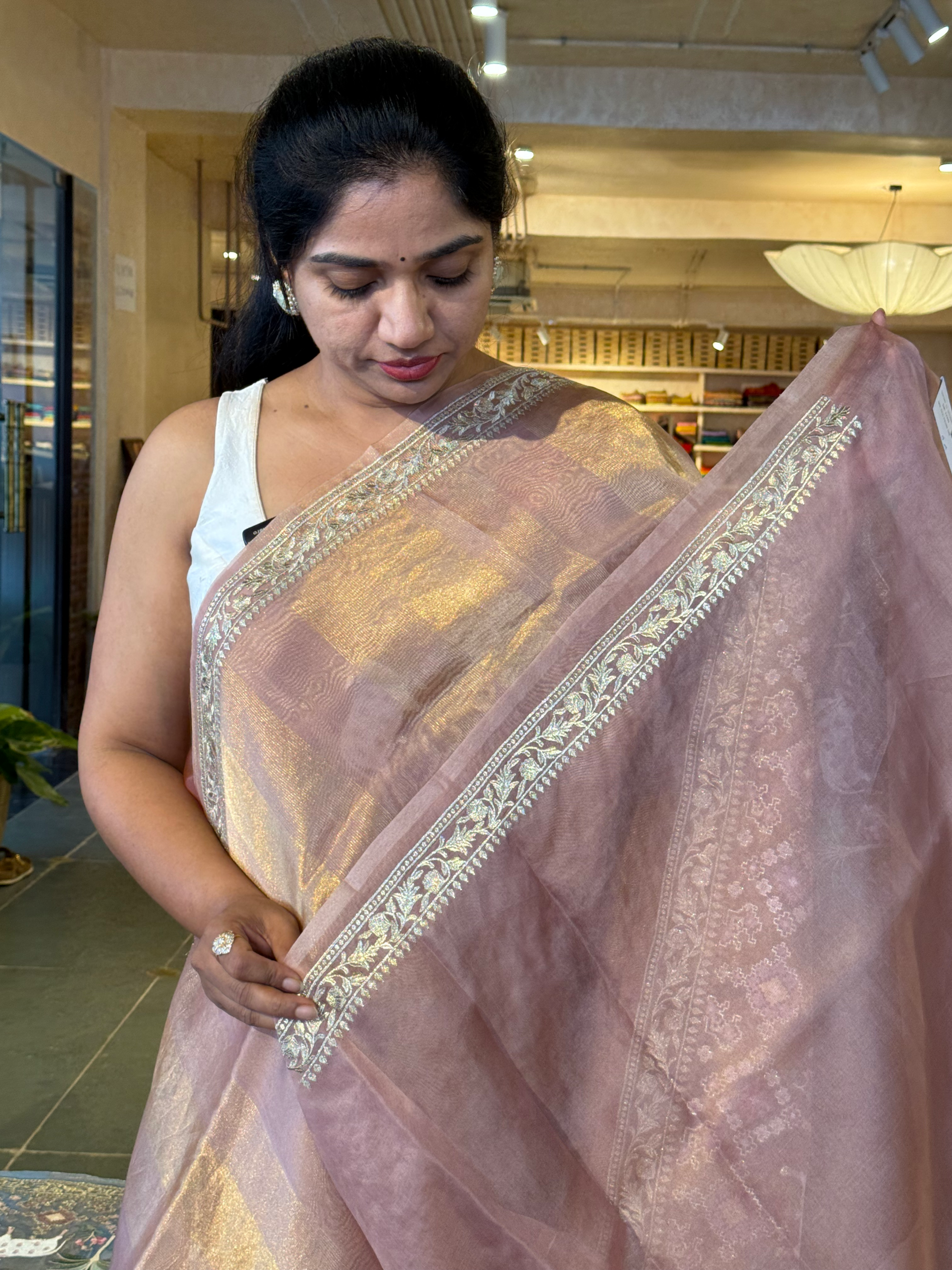 Dusty Pink Kora Tissue Stripes with Pichwai & Jamdani Inspired Embroidery