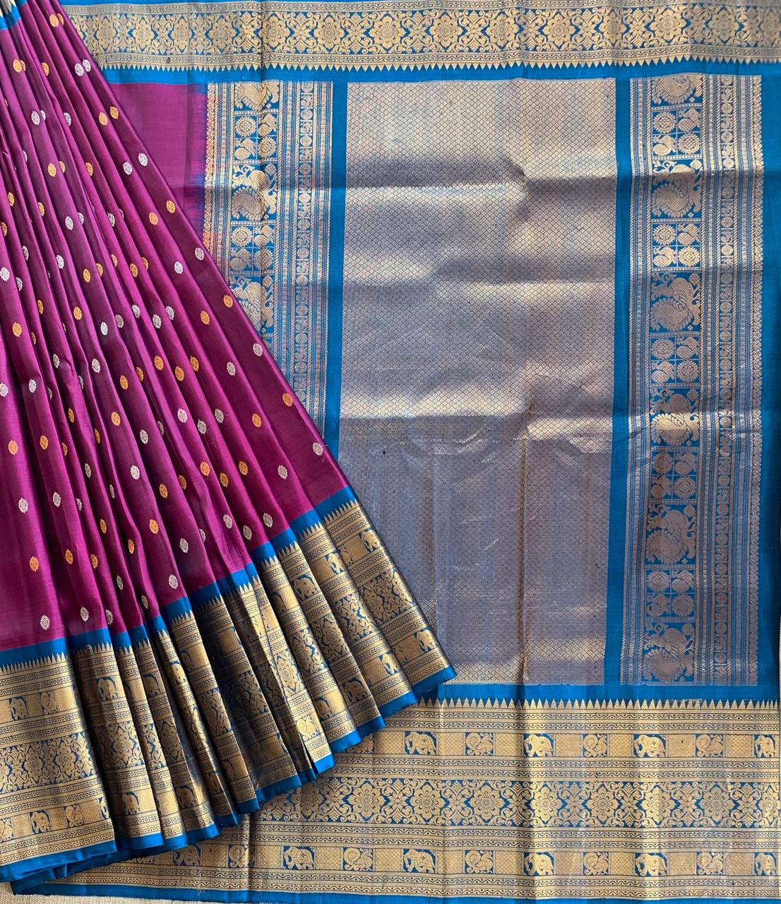 SGSA208 Wine and Peacock Blue Combo Gadwal Handloom Pure Silk Saree