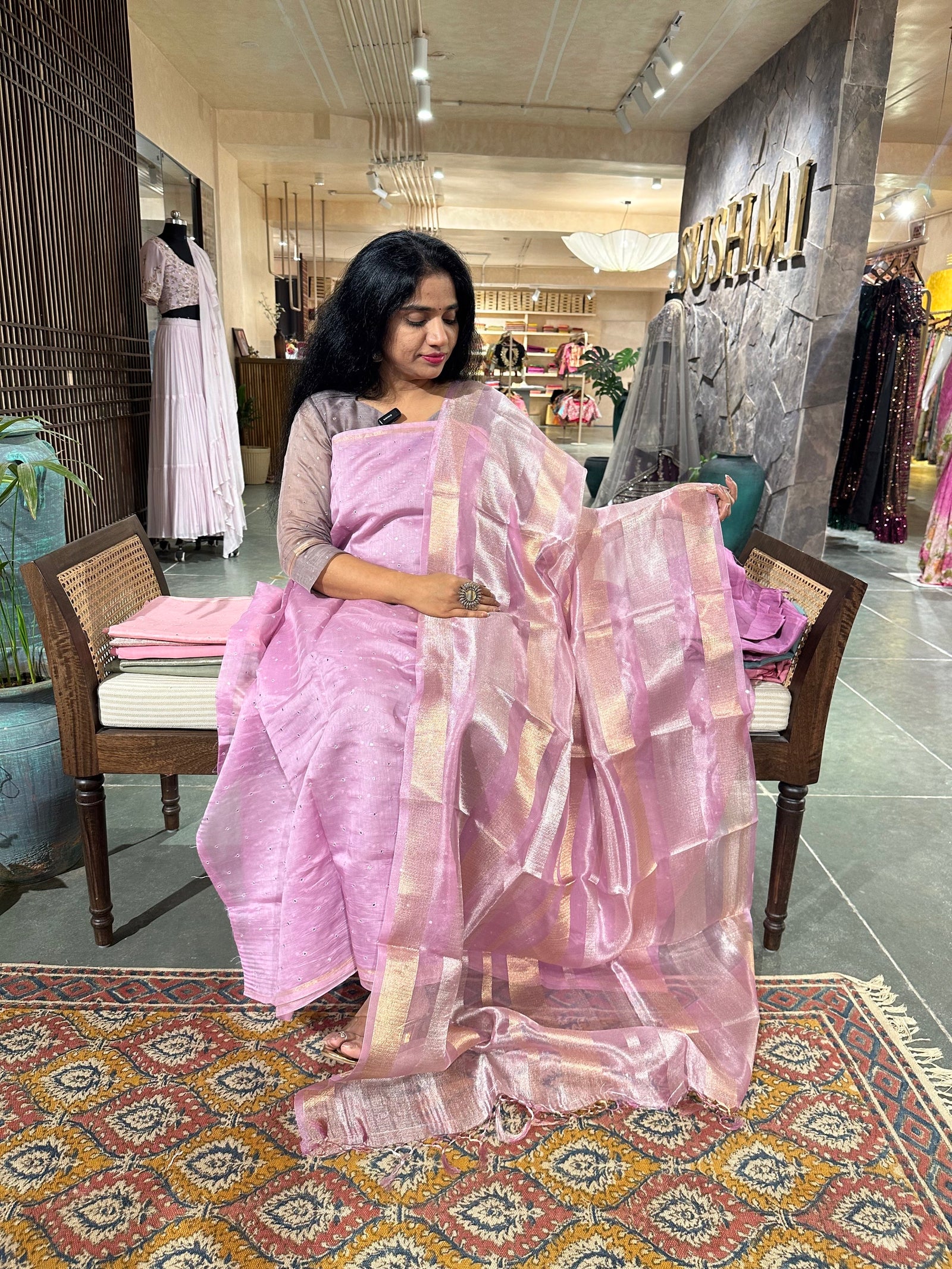 Lilac  Pure Handloom Chanderi silk mirrorwork 3-pc suit set