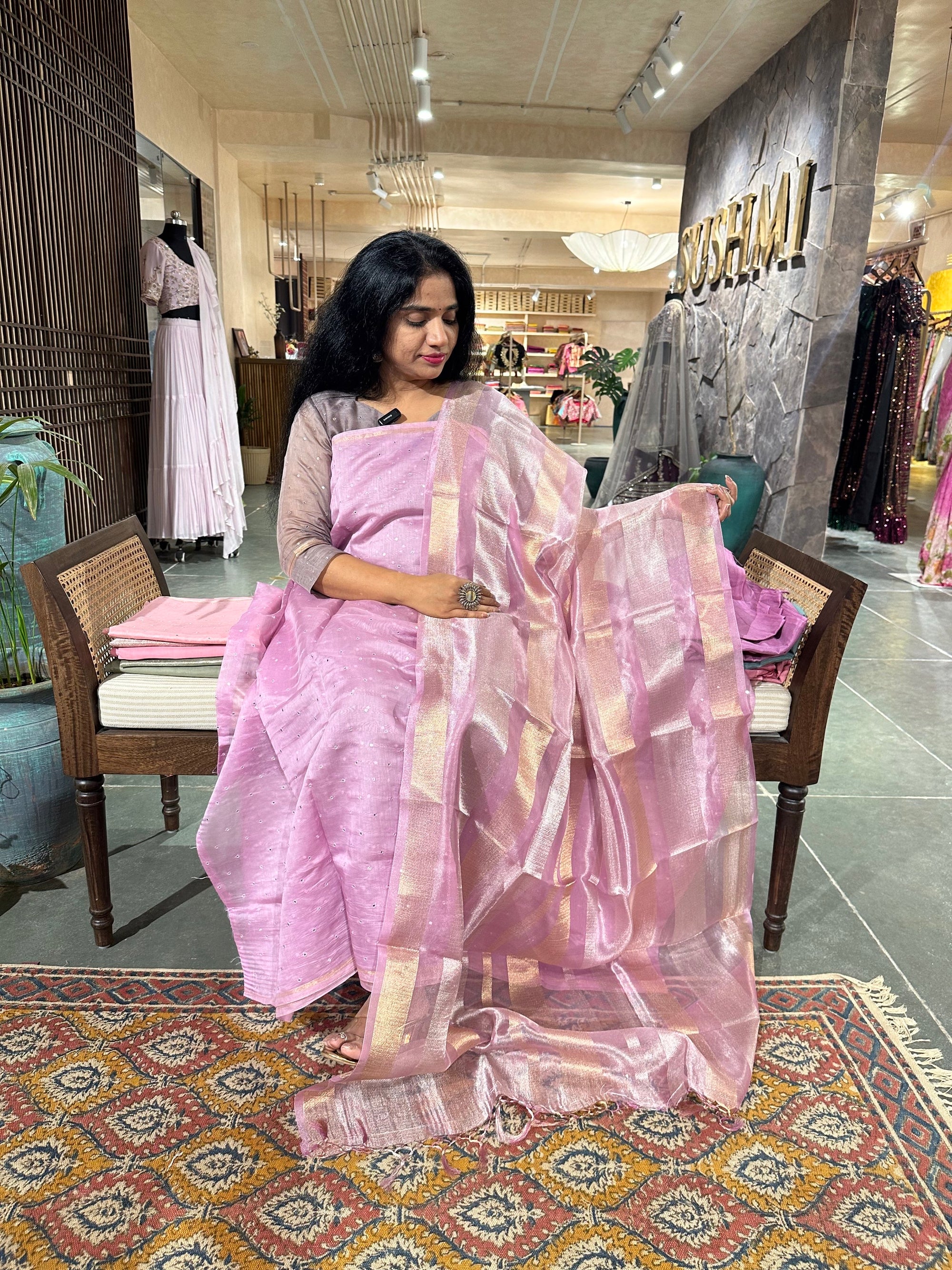 Lilac  Pure Handloom Chanderi silk mirrorwork 3-pc suit set
