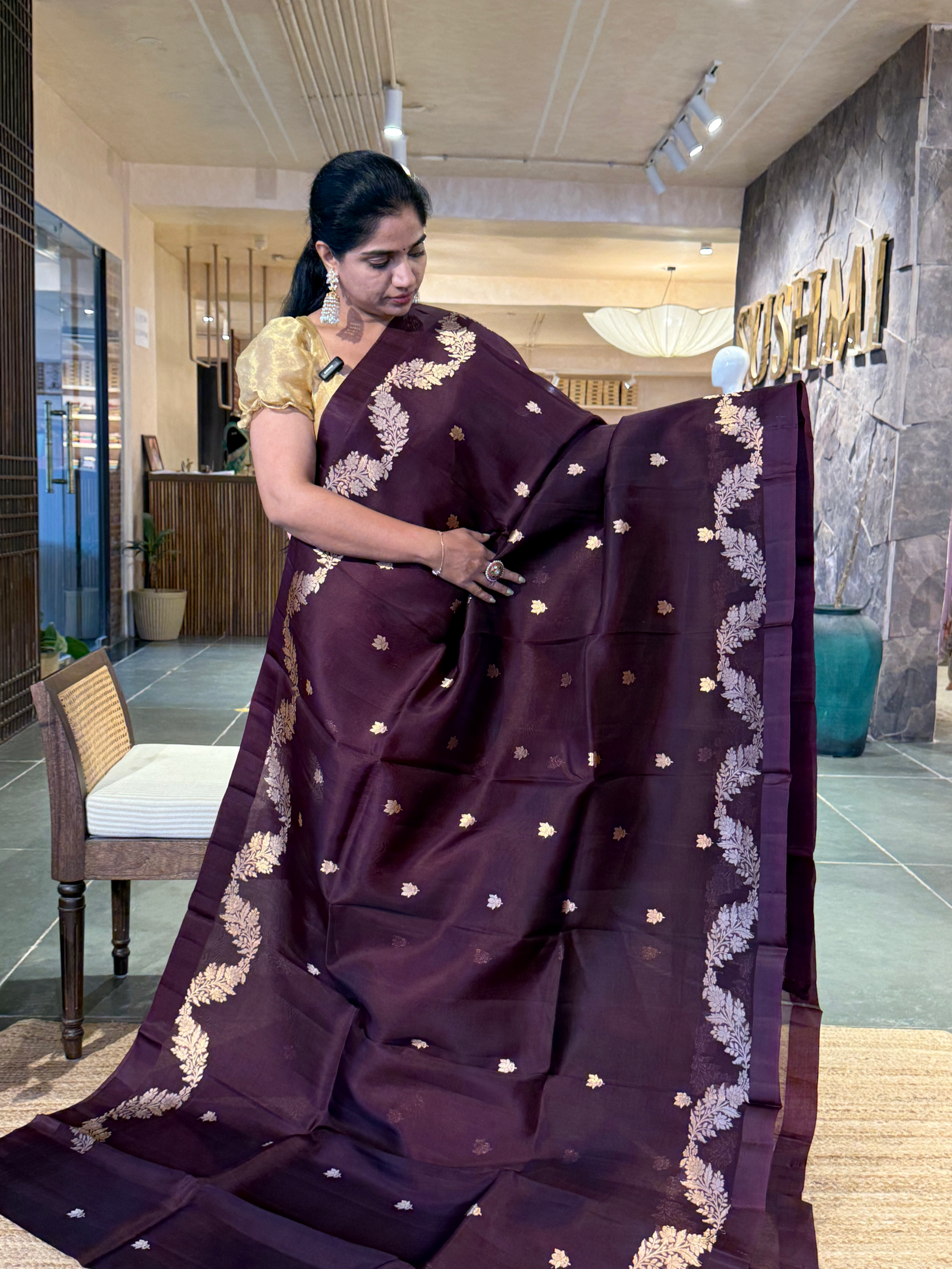 Winish Brown Banarasi Handloom Kora Silk Saree with kaduwa woven open  borders
