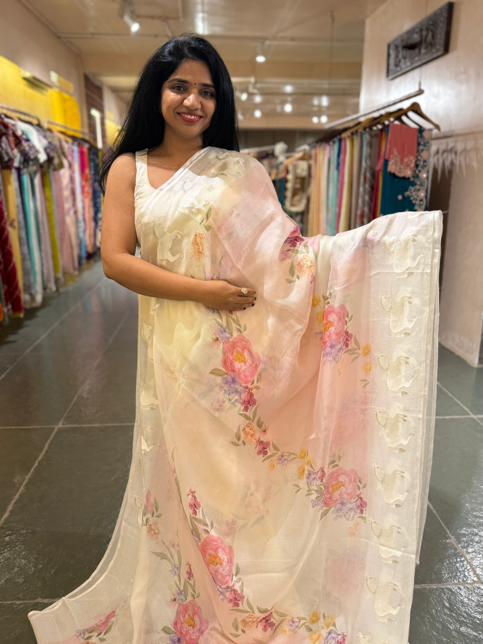 Baby Pink & White Silk kota with floral print & horse embroidered borders