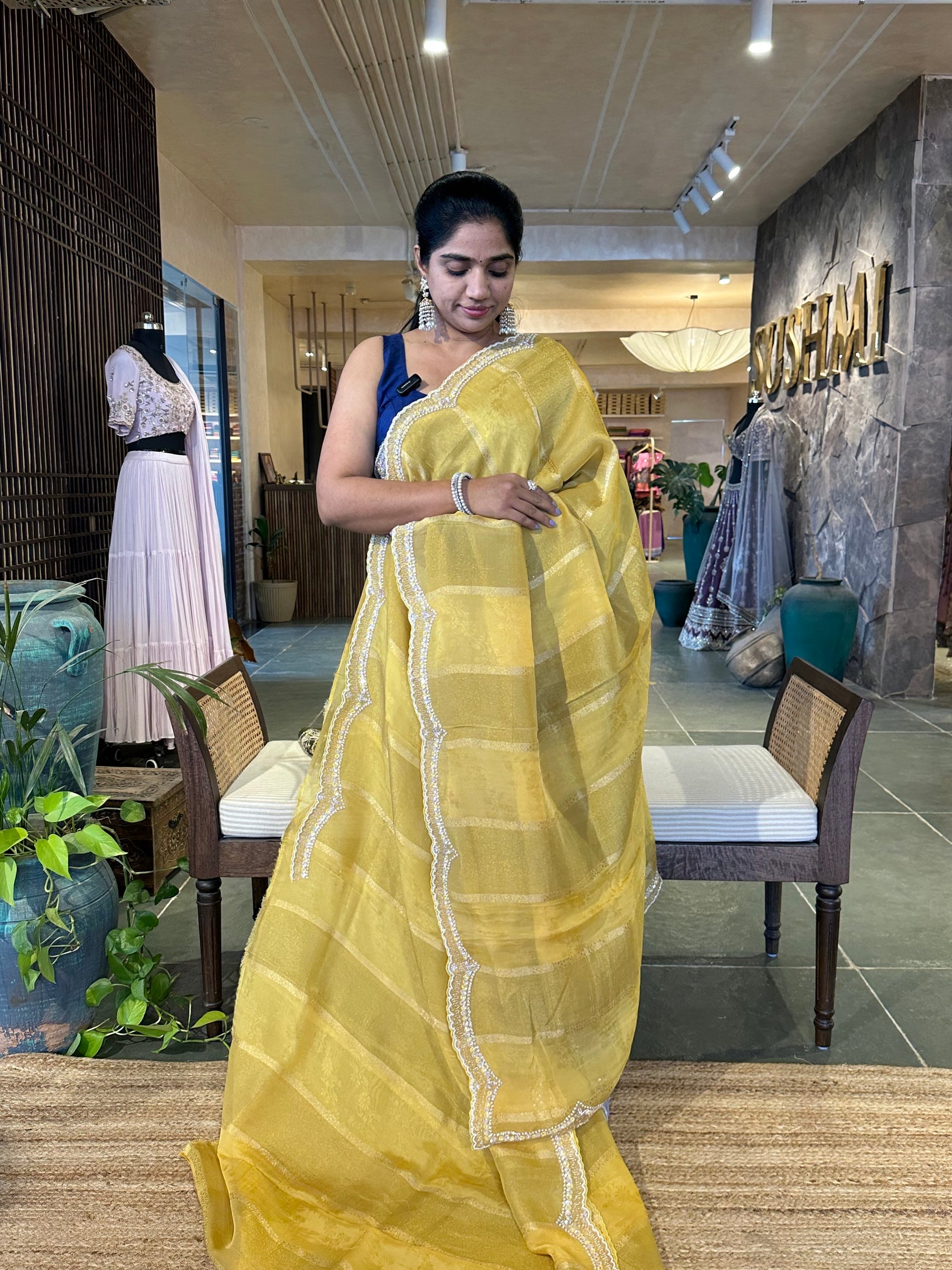 Yellow Tissue and kora brasso Saree with Scalloped handwork borders & blouse