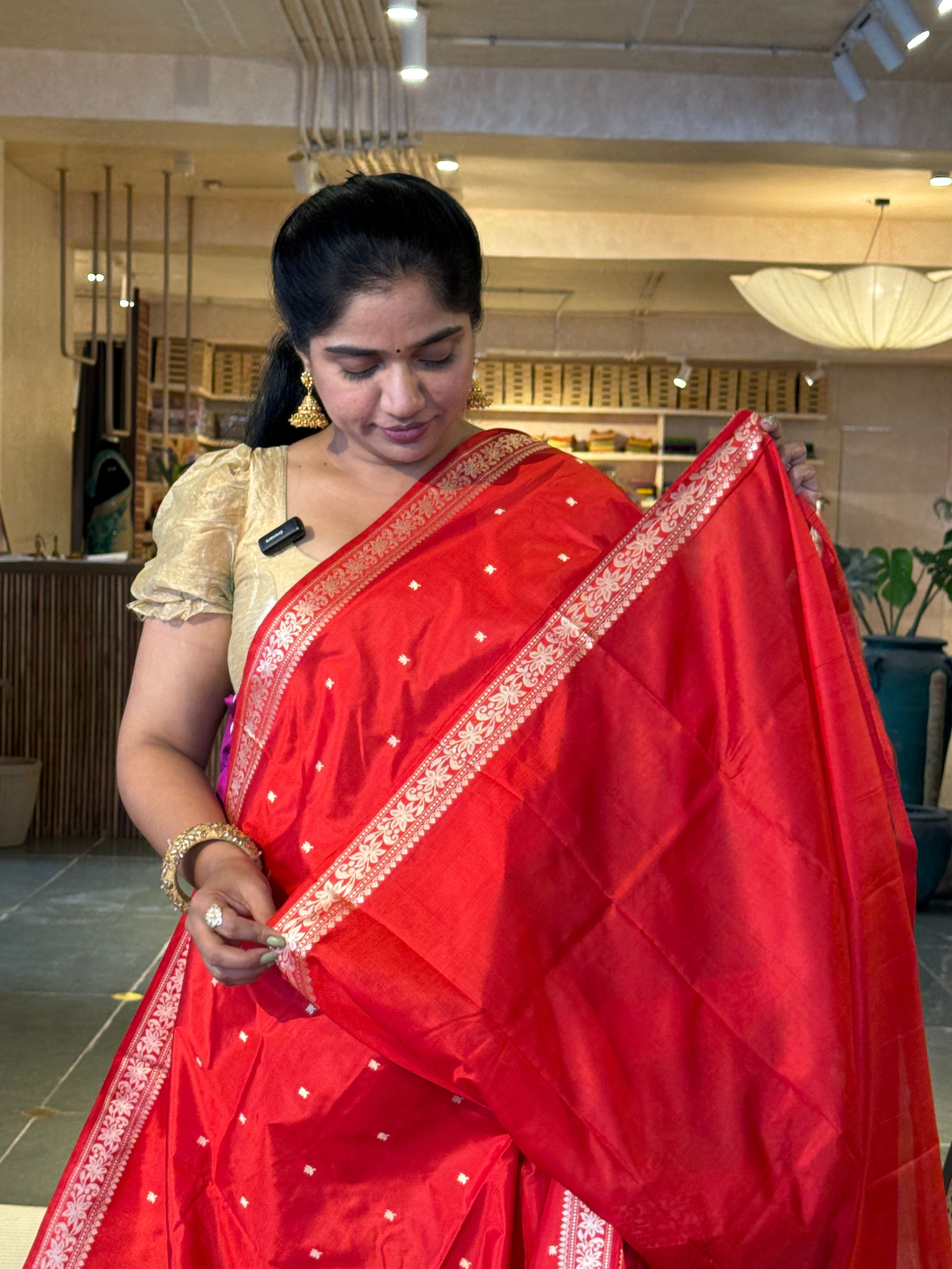 Orangish Red Banarasi Handloom Katan Silk Saree  With Resham Weaving