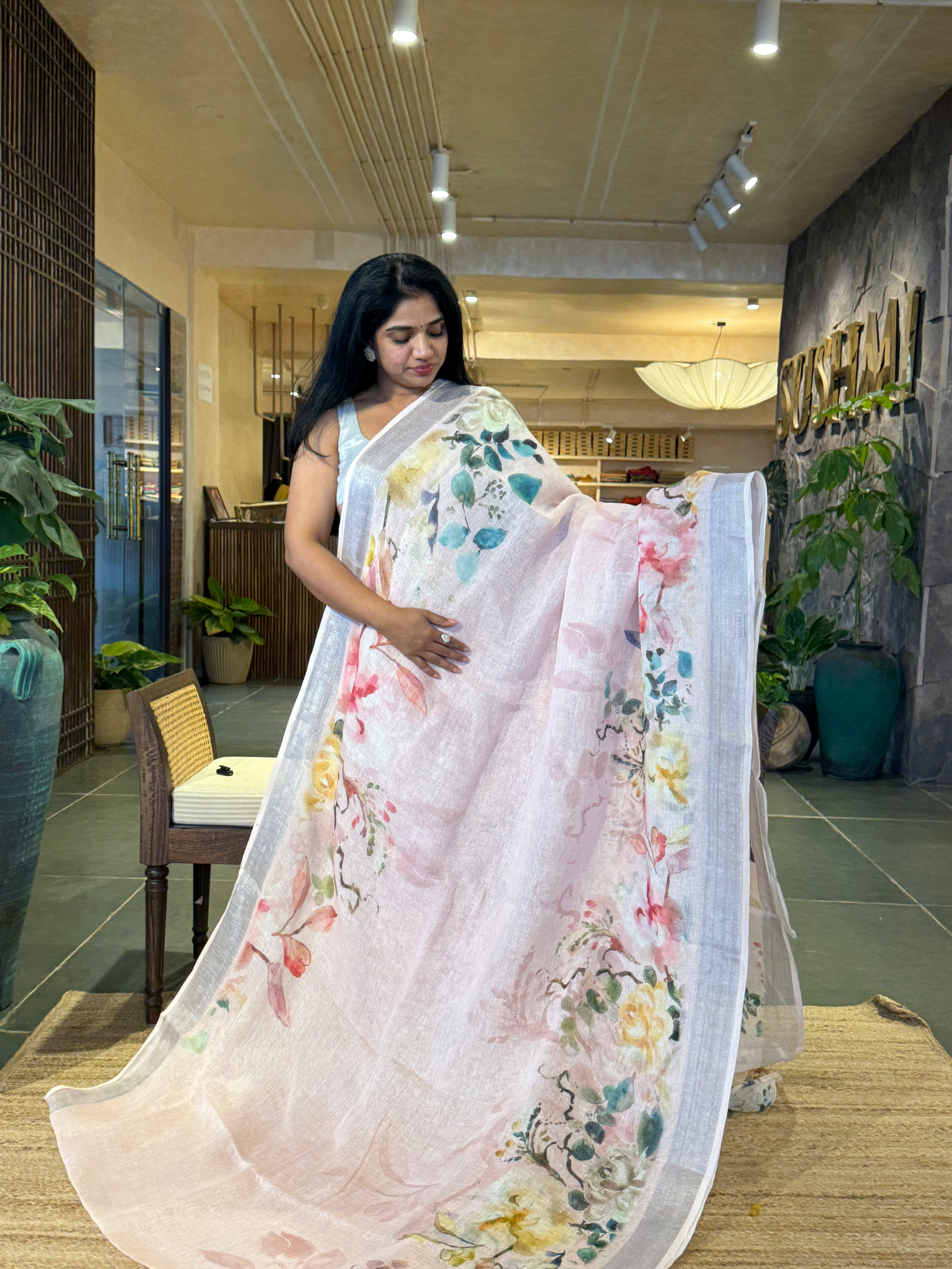 Baby Pink Pure Handloom Lenin Printed Sarees With Silver Zari Border