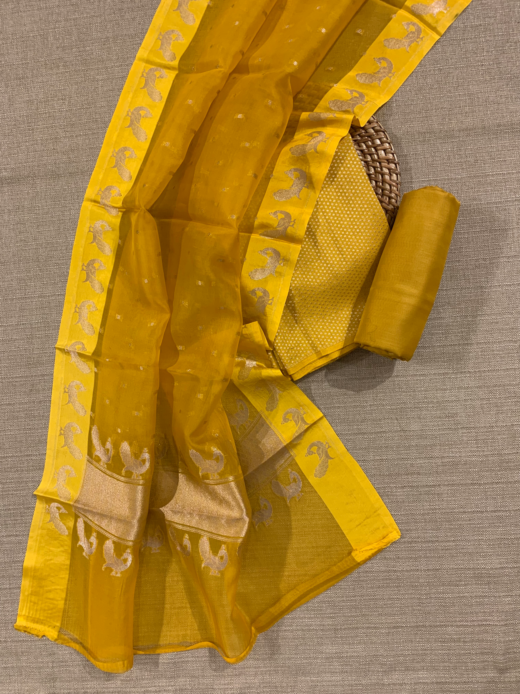 Yellow Pure Handloom Banarasi Moonga Crepe Silk 3-pc Unstitched Suit Set