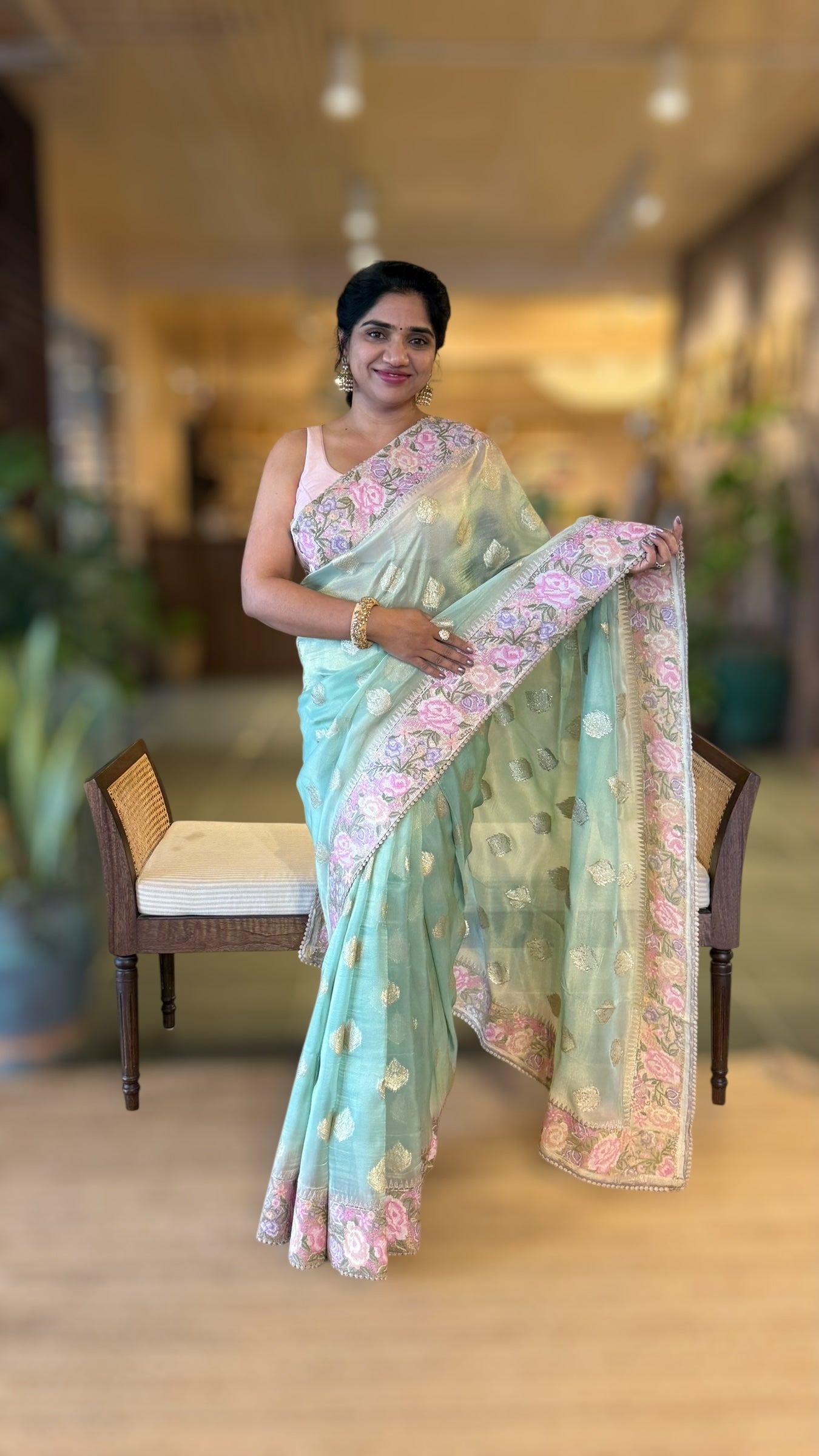 Mint Banarasi Tissue Gorgette Saree With Petite Point Embroidered Border