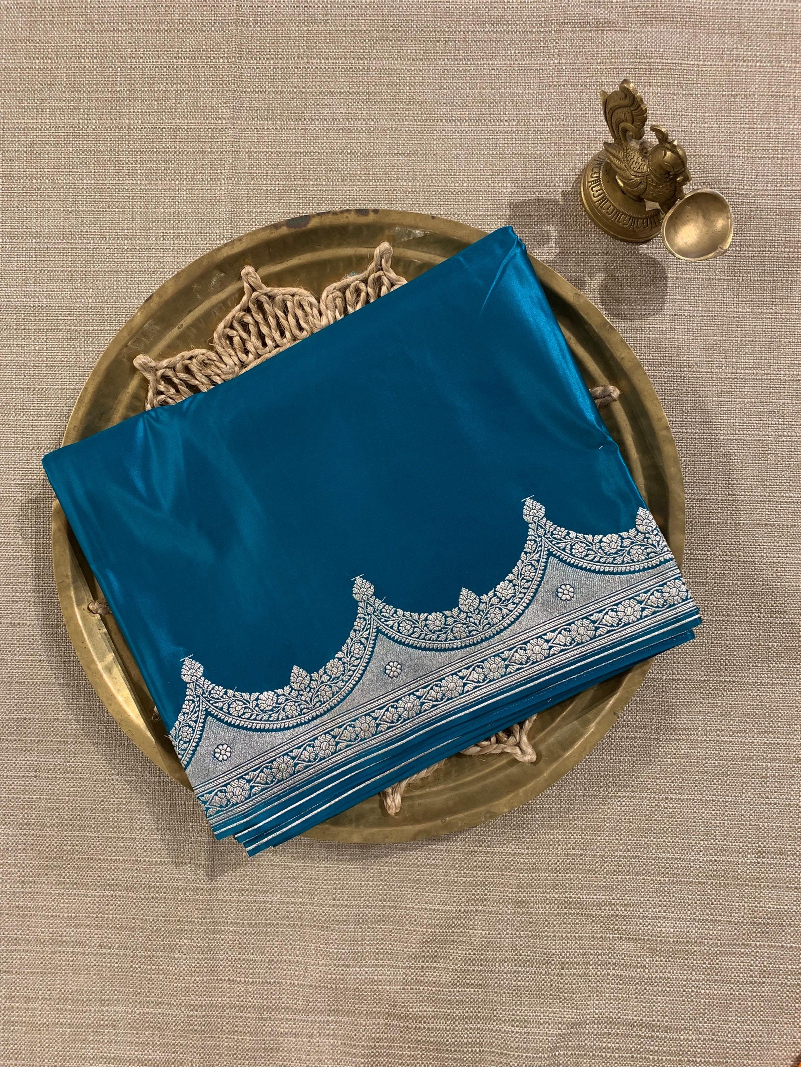 SMSSA219 Peacock Blue Mashru Silk Saree With Scallop Border