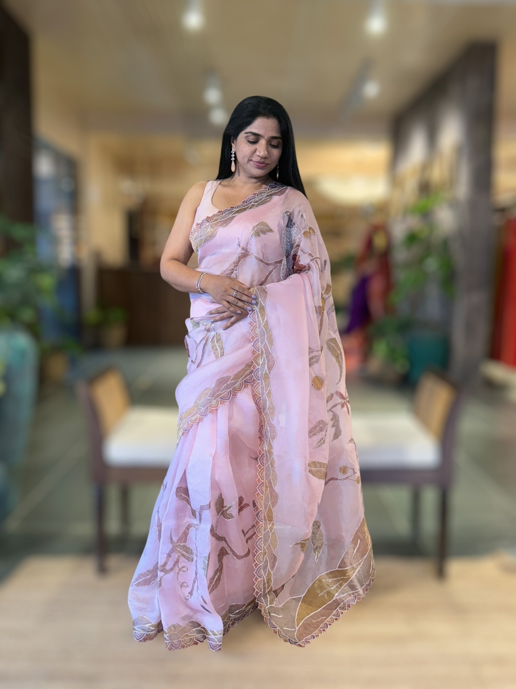 Rose Pink Pure Organza Saree with one of a kind Tissue Applique work allover