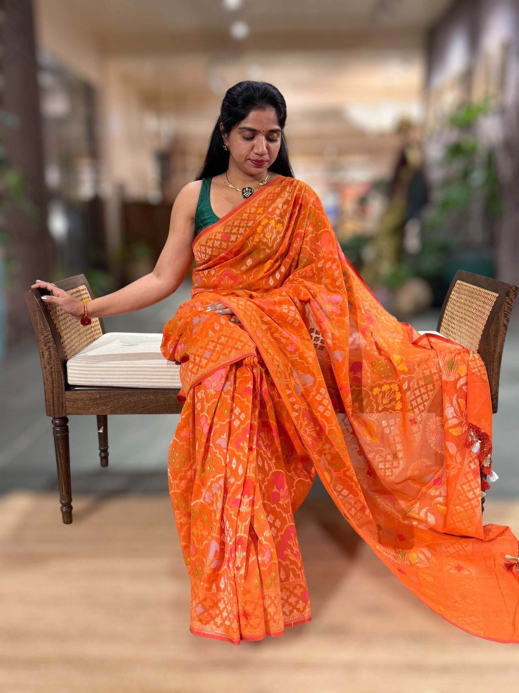 Orange Banarasi Cotton Jamdani Saree With Meenakari Weaving