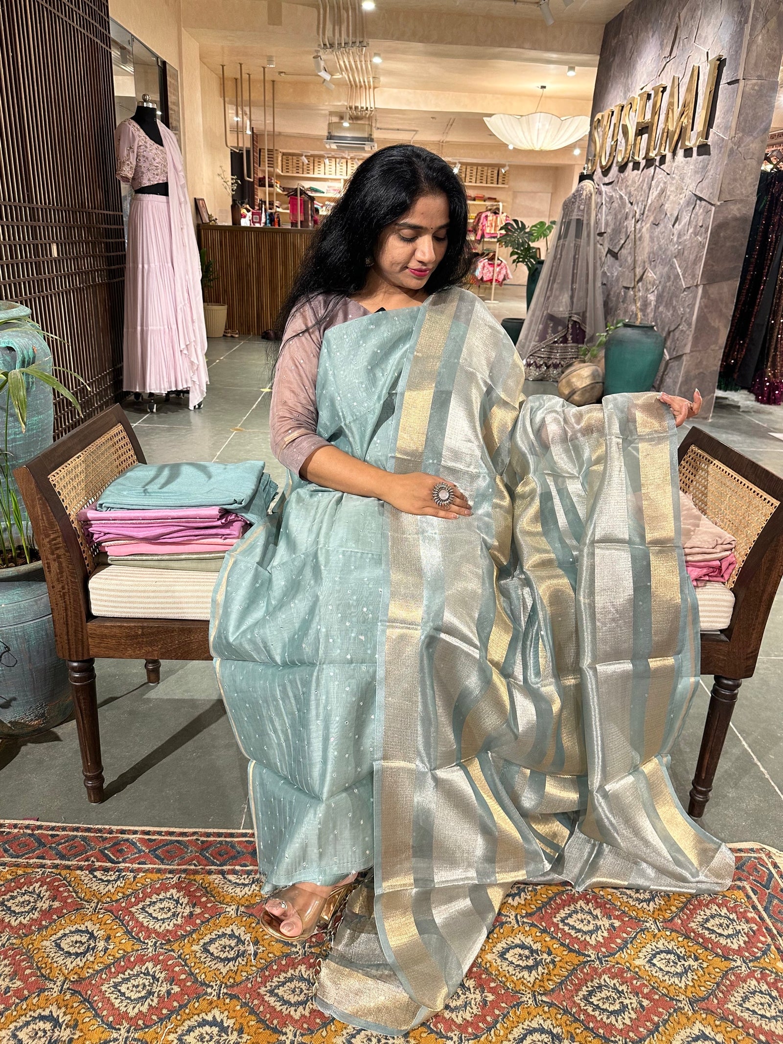 Pure Handloom Chanderi silk mirrorwork 3-pc suit set