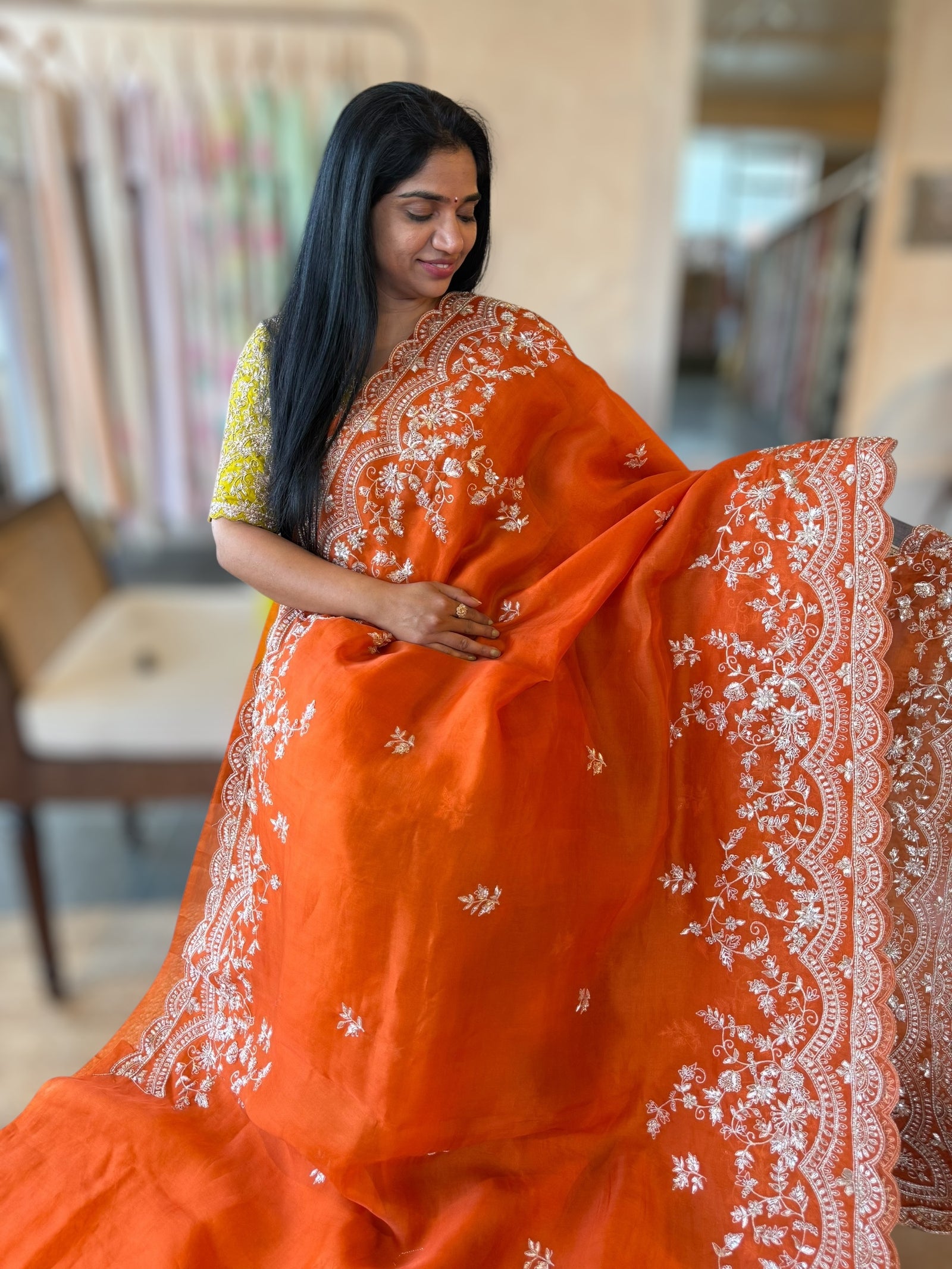 Orange Organza Handwork Saree