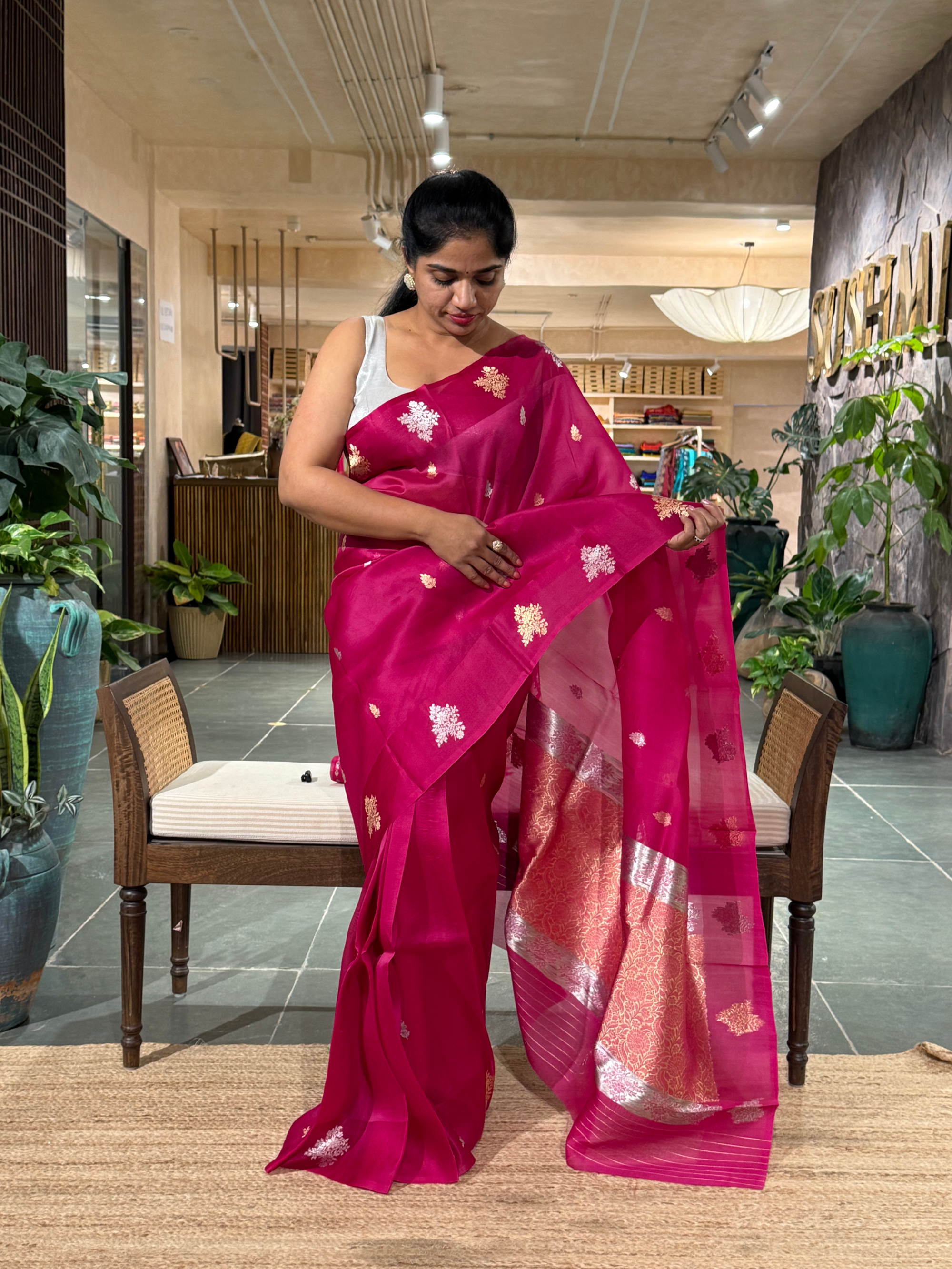 Rani Pink Kora Banarasi Handloom Silk Saree with Sona Rupa Kaduwa Weaving