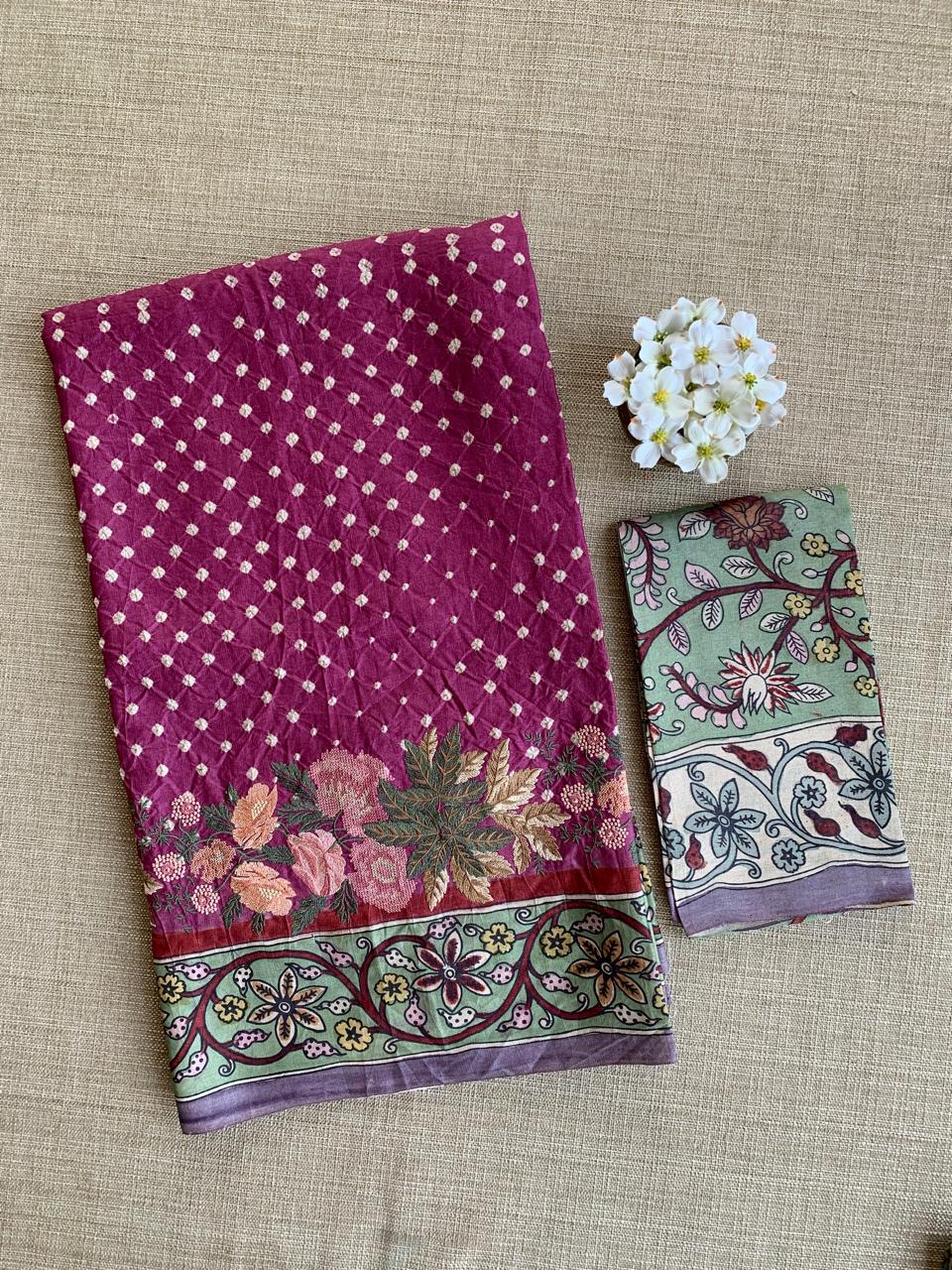 Tussar Bandhini Saree With Pen kalamkari Border & Petite Point Emb Blouse