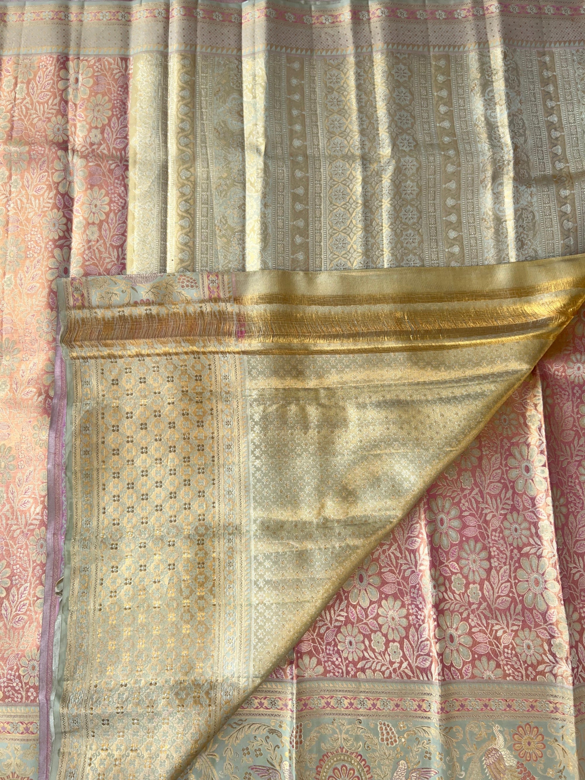 Pastel Pink & Piwder Blue  Kanchi Pattu Saree With Allover Meenakari Weaving