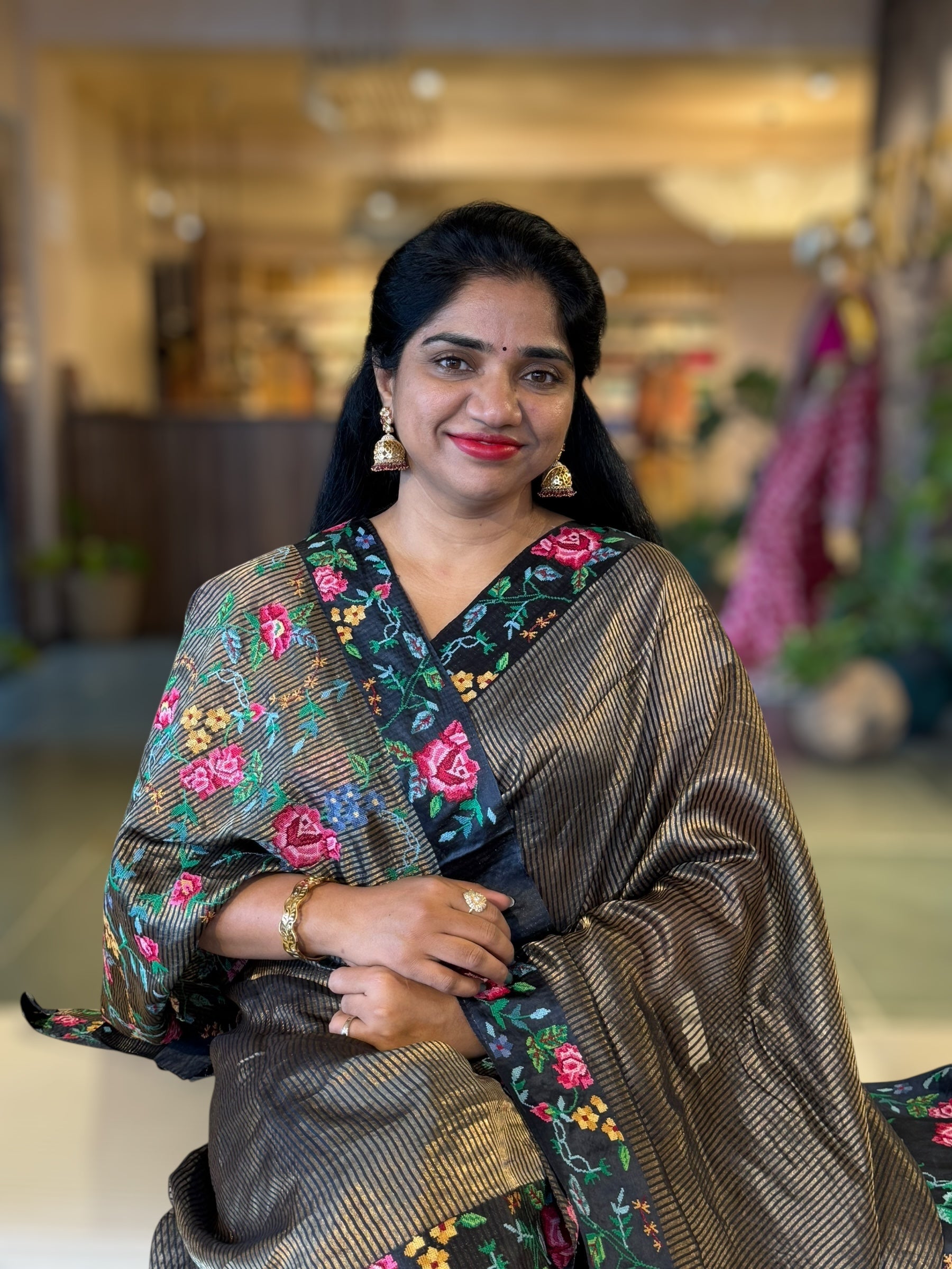 Black Tissue Stripes Saree wth Petite Point Embroidered Border Pallu & BP