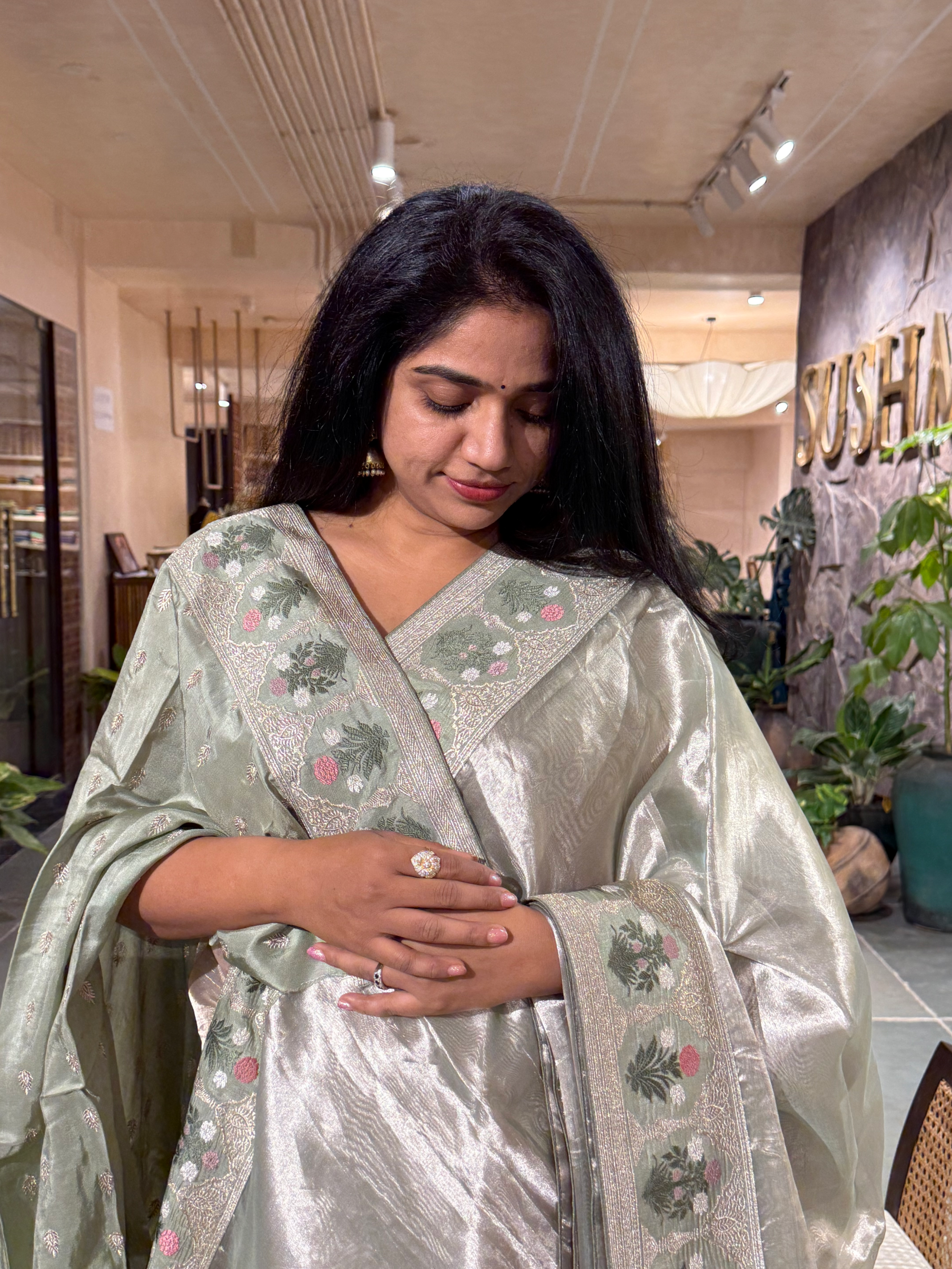 Mint Kora Tissue  Saree With Self color Sabyasachi Borders & Blouse