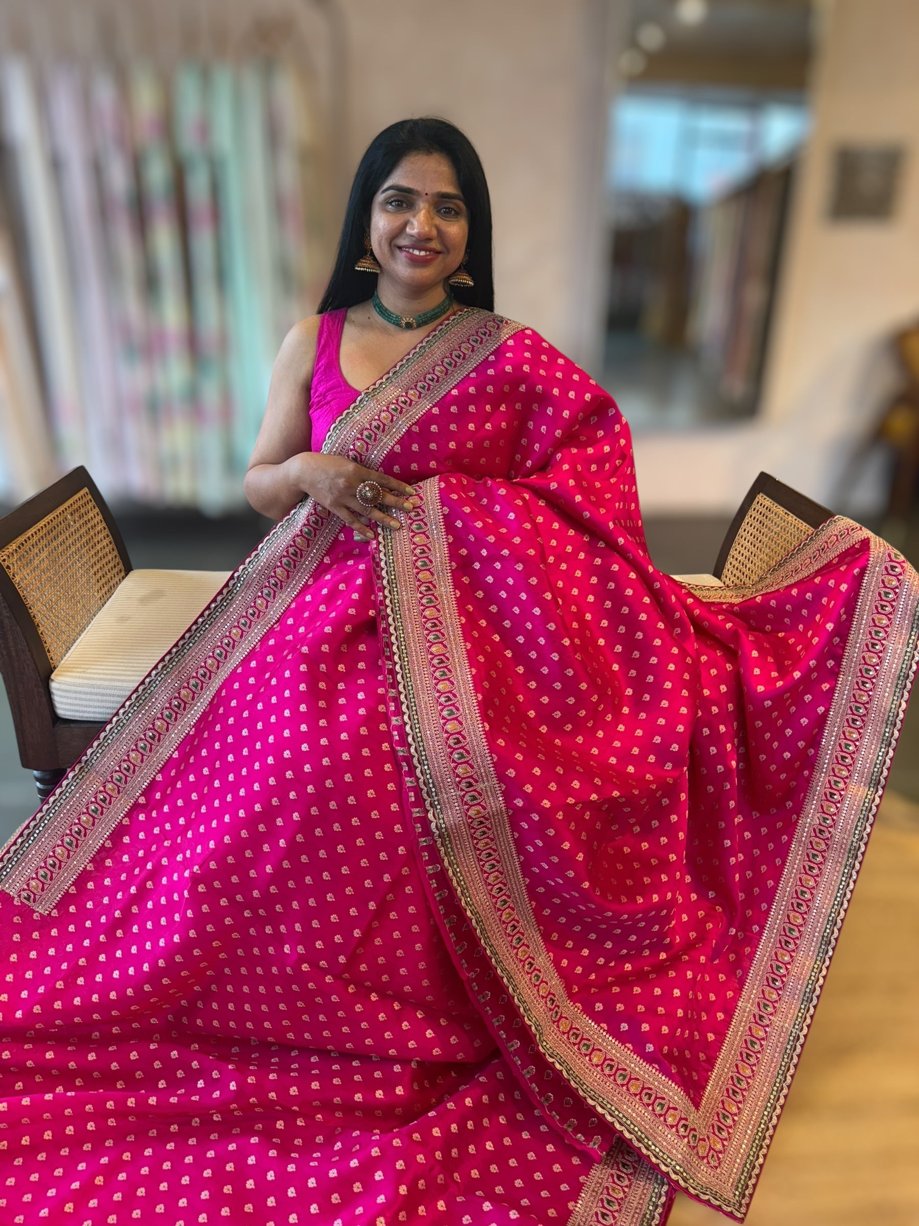 Rani Pink Banarasi Silk Saree With Allover Meenakari Buti & Sabhyasachi Borders