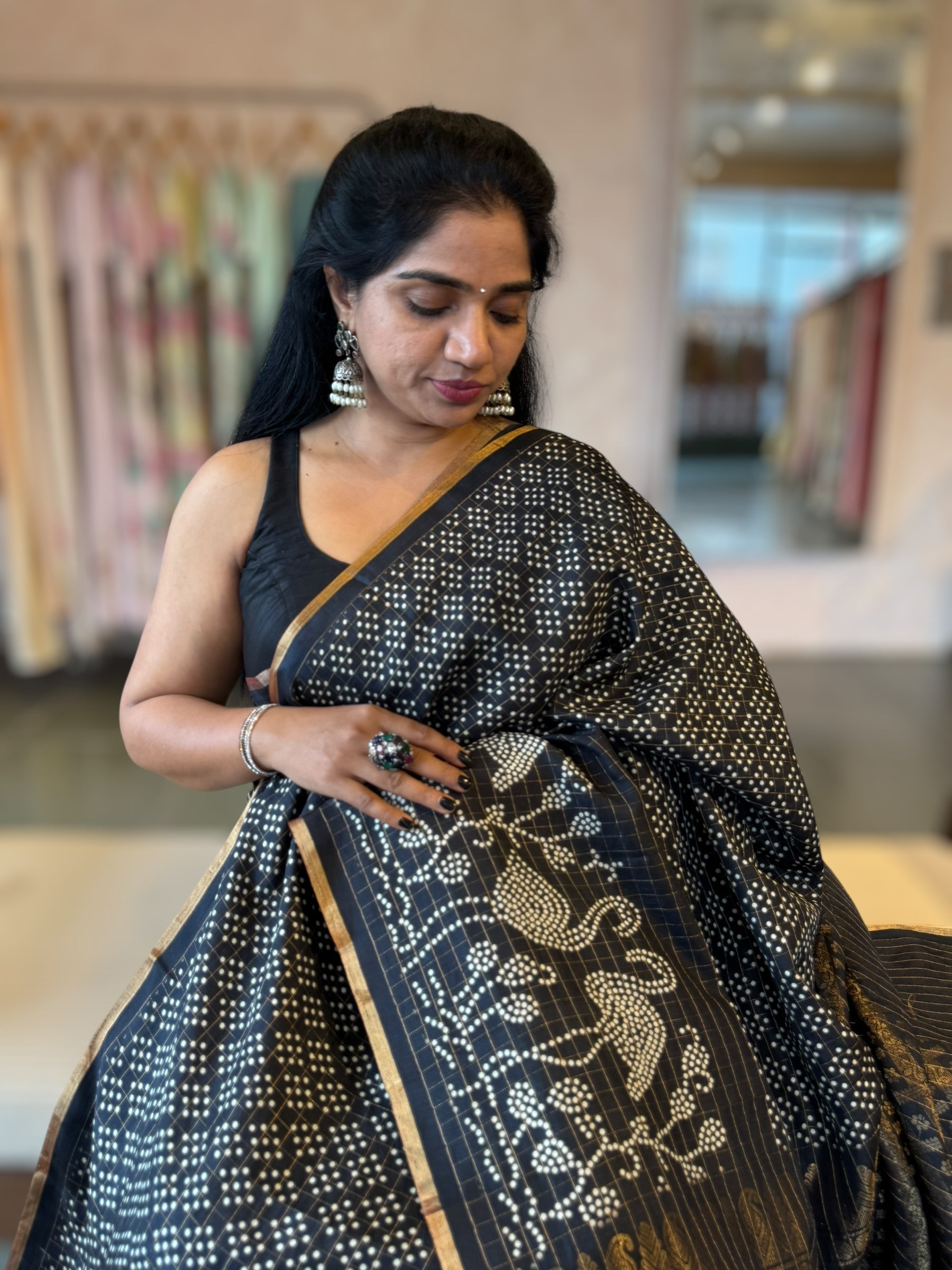 Black Kanchi Soft Silk Saree With Zari Checks allover the Saree &Bandhini Print