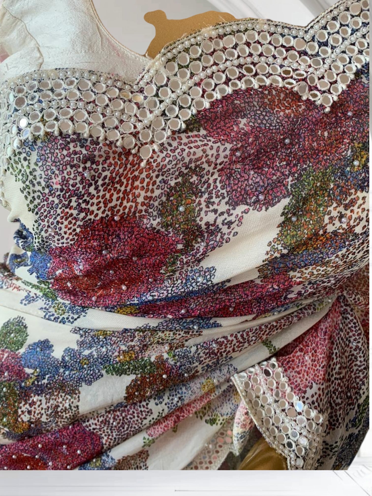 Ivory Gorgette Print with handwork mirrorwork borders