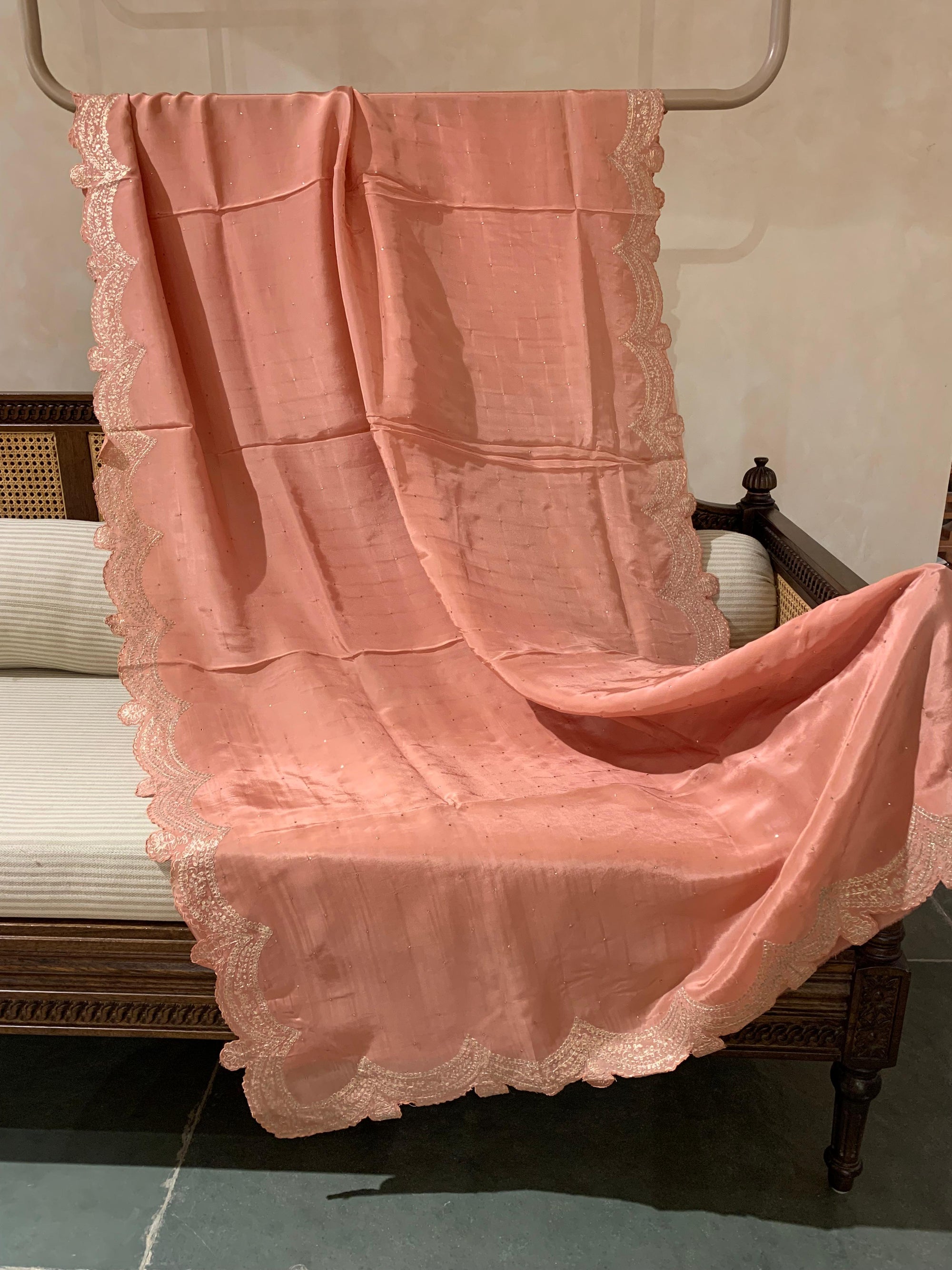 Peach Pink Crepe Silk Saree With Pita Work Scallop Border