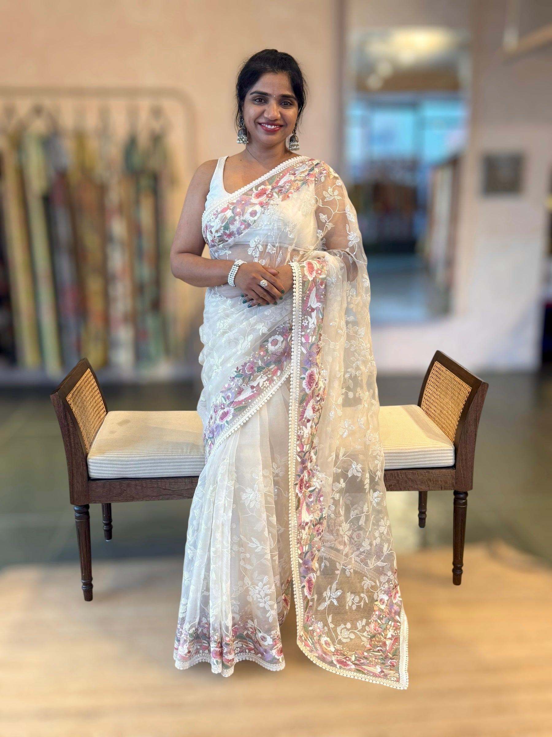 Ivory Organza Saree with Allover Floral Sequence Work & Parsi Embroidered Border