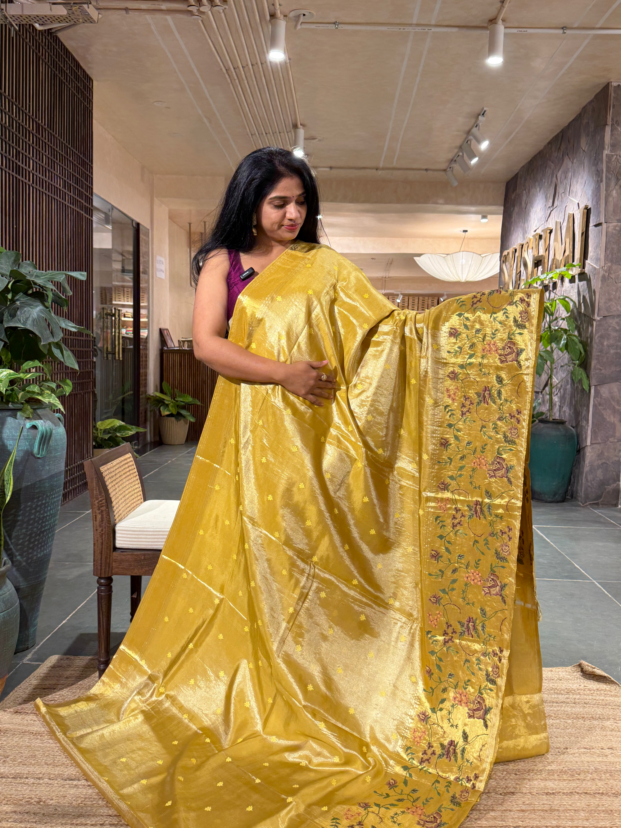 KPPJ2502: Gold Kanchi Soft Silk Tissue Saree With Petite Point Work Border