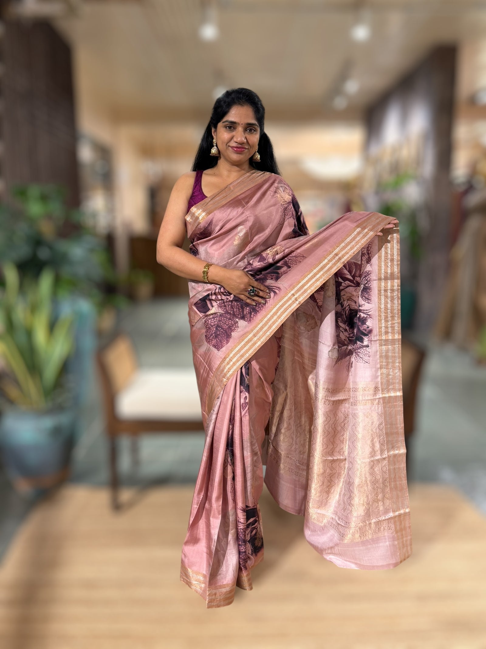 Onion Pink Printed Kanchi Soft Silk Saree with Bold Rose Flower Print.