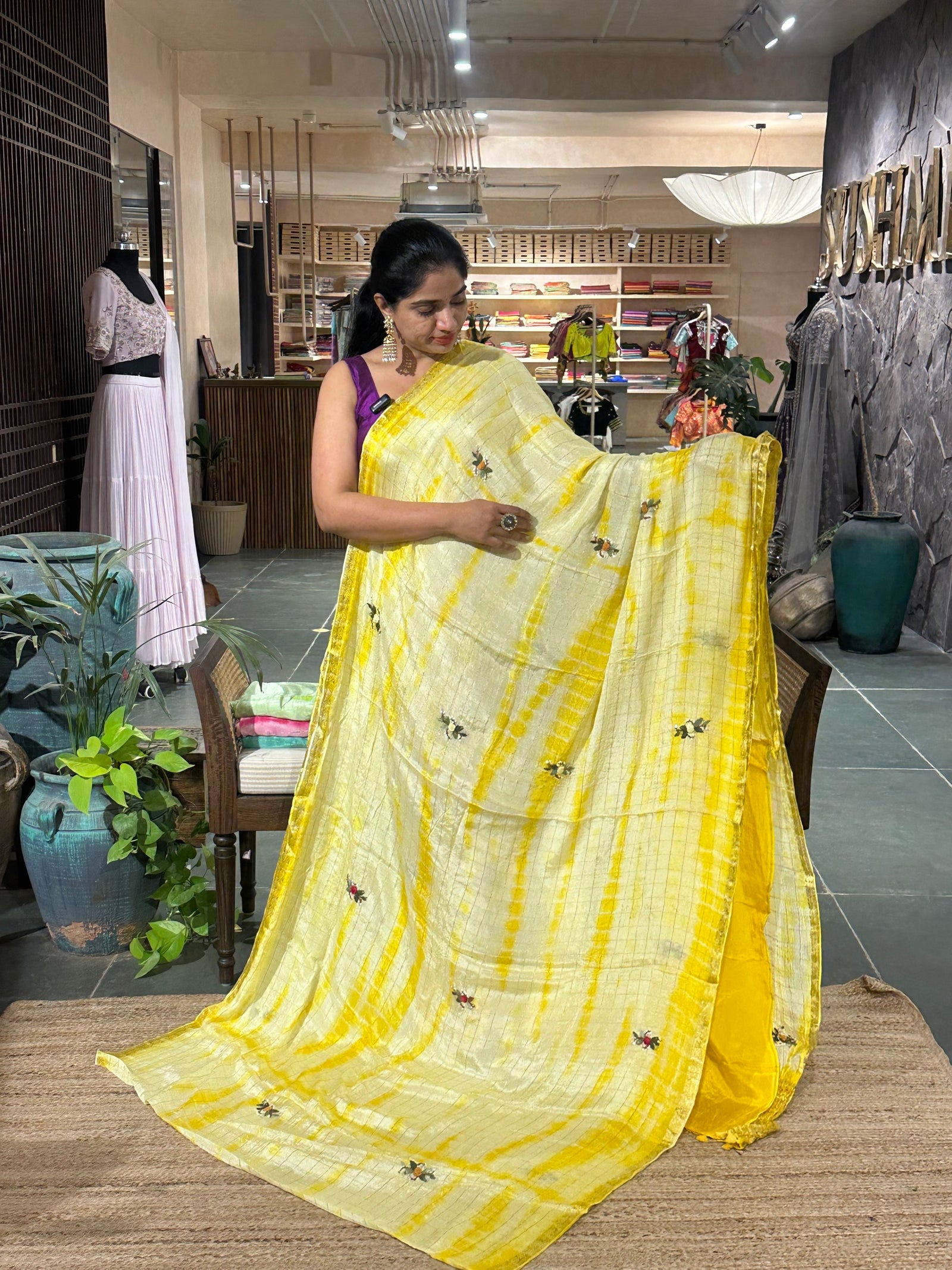 Yellow Chinnon Cheks Shibori dyed Saree with hanwork motifs