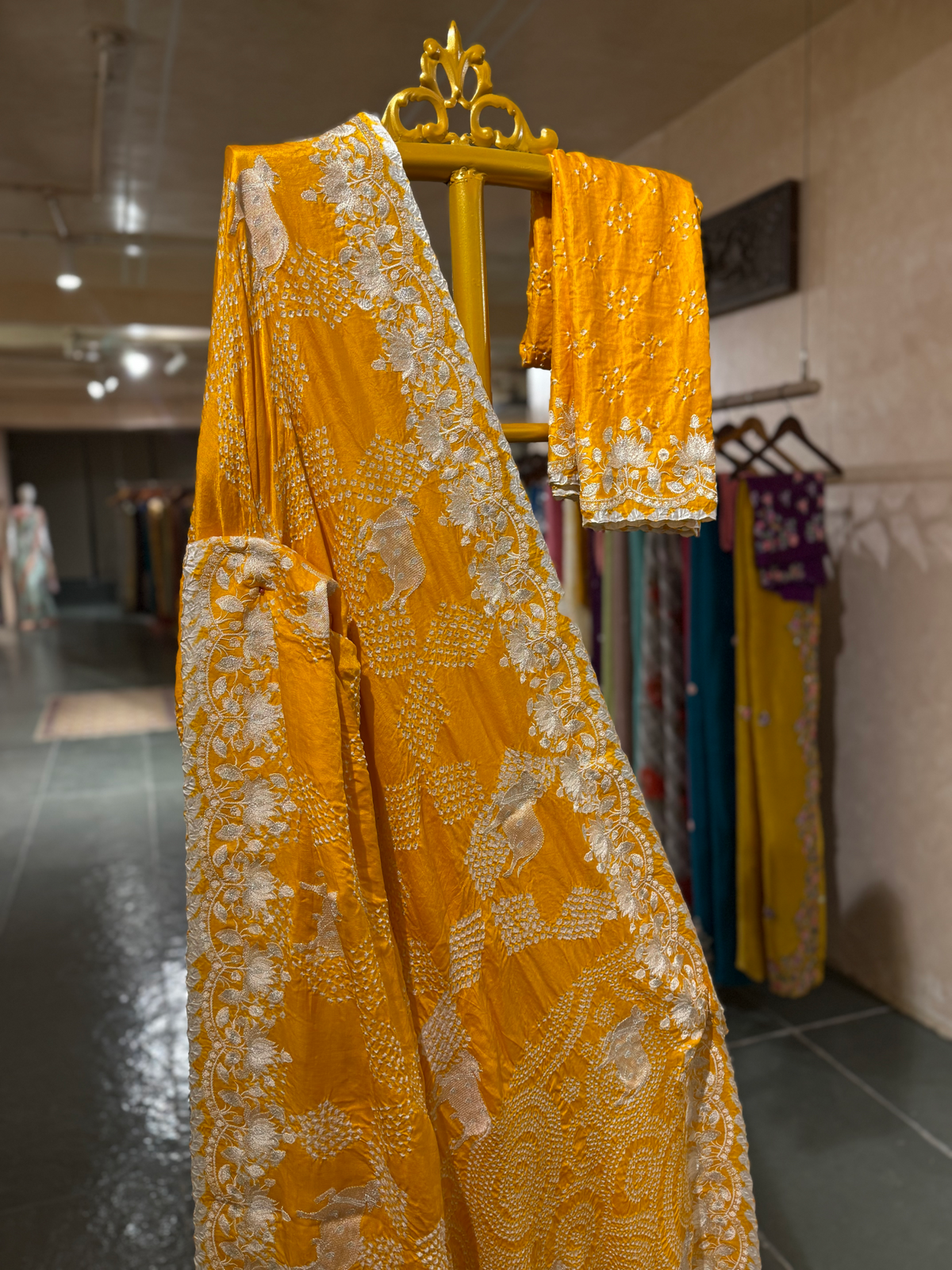 Marigold Pure Gajji Silk Rai Bandhej Saree with Pichwai Embroidery