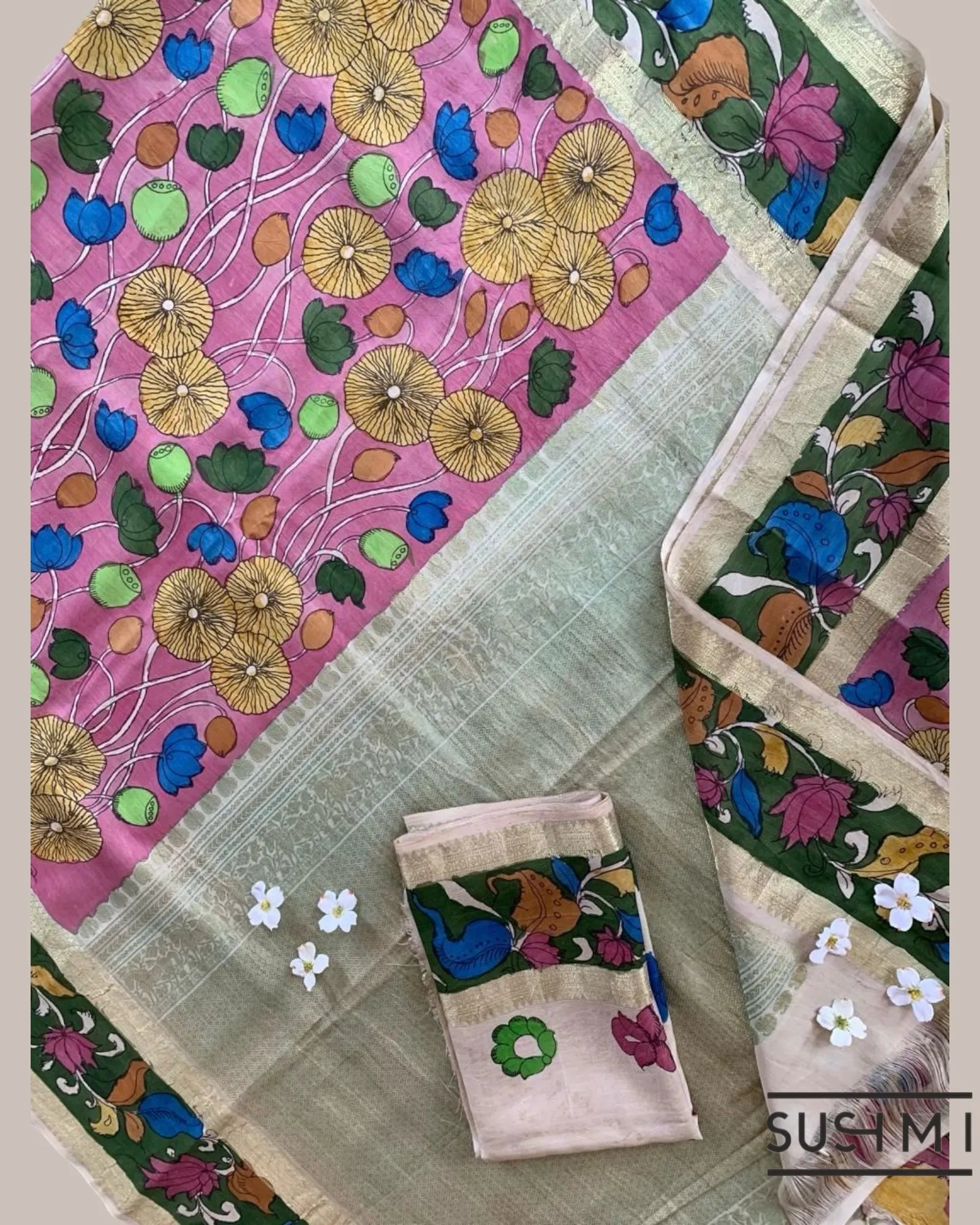 Pink Kanchi Pen kalamkari handpainted saree with heavy border