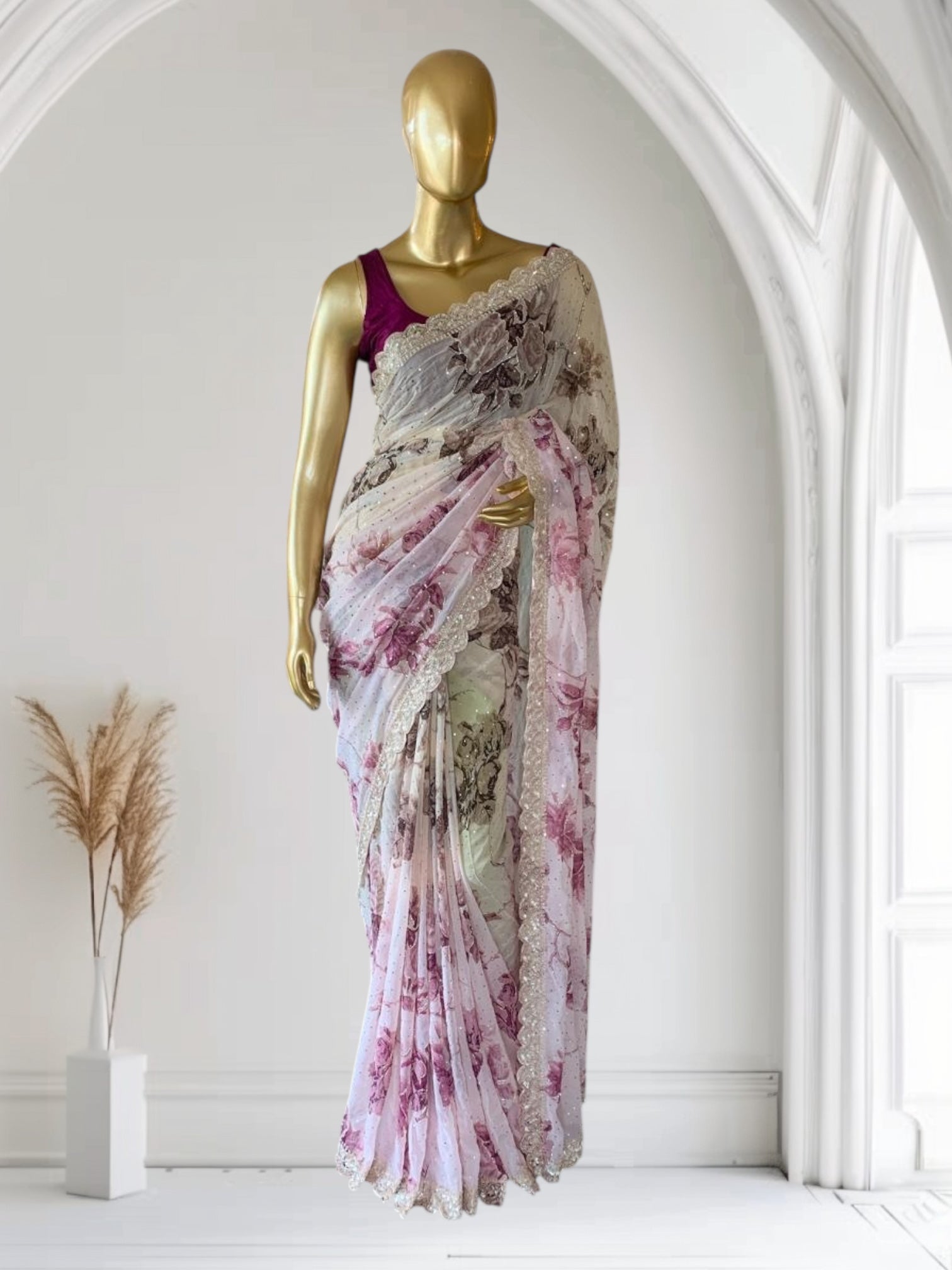 Shaded Gorgette printed Saree  with handwork borders and allover handwork