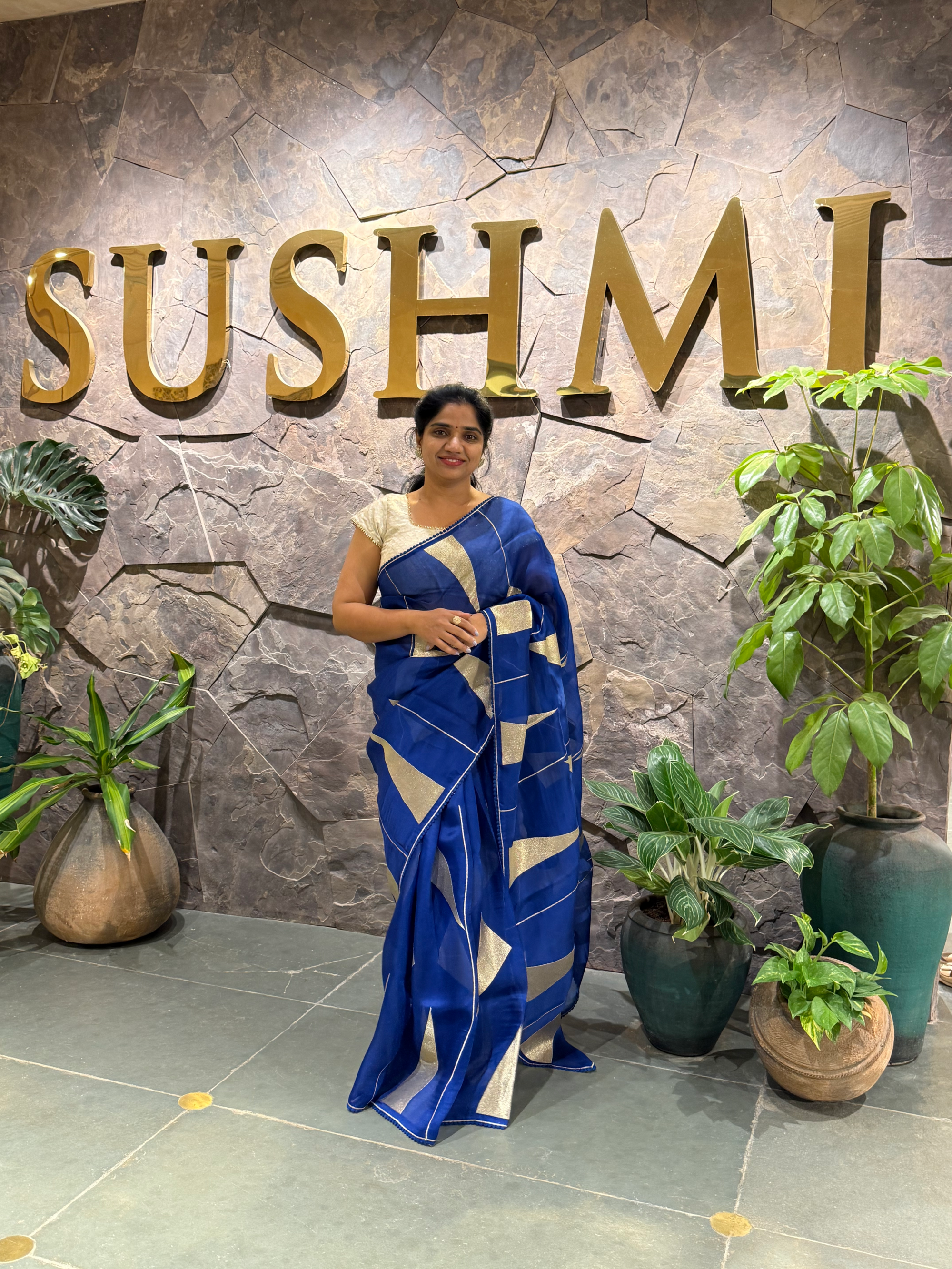 SOCA101 Royal Blue Pure Organza Silk Saree in contemporary style